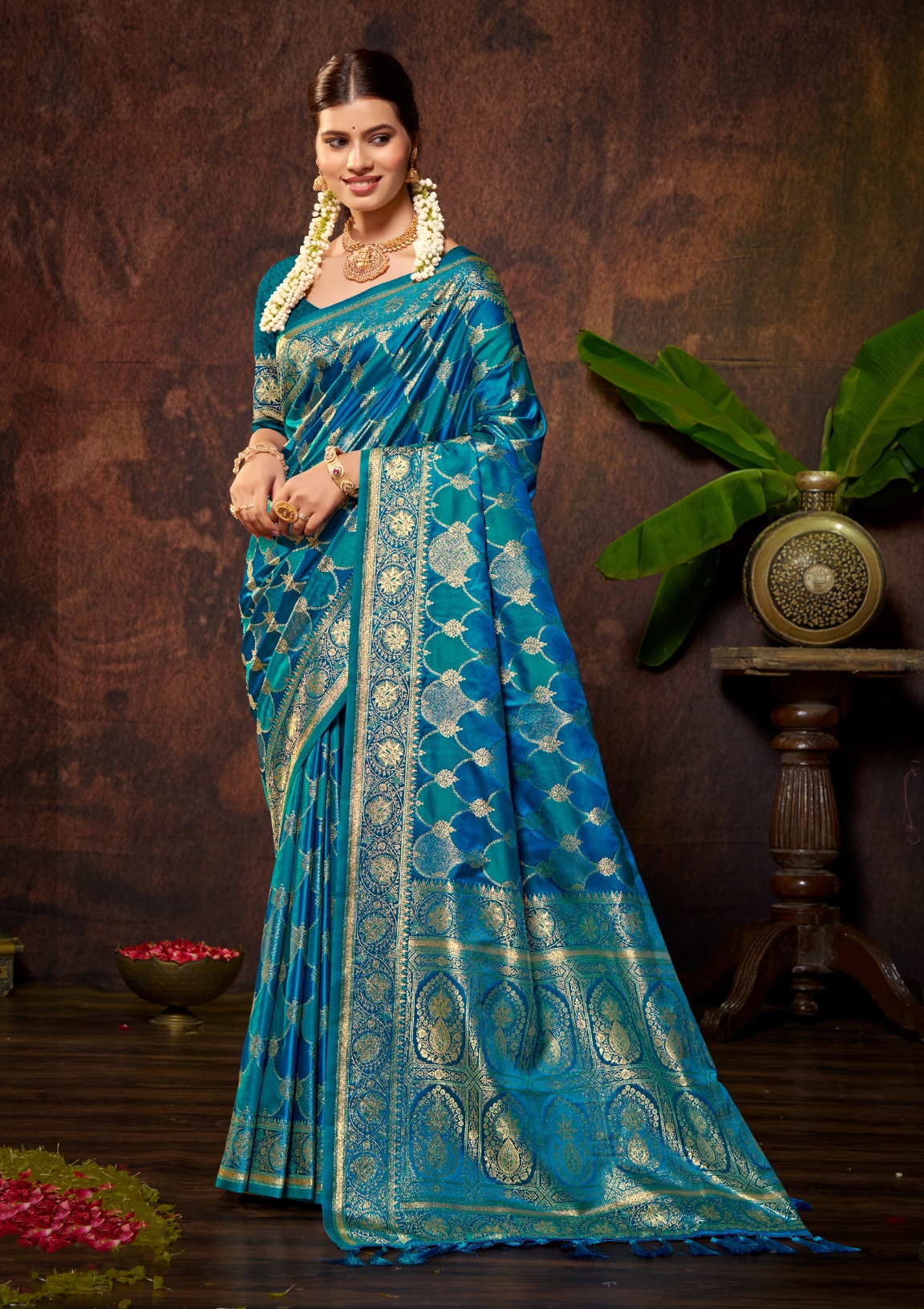 Peacock Blue Woven Designer Satin Silk Saree