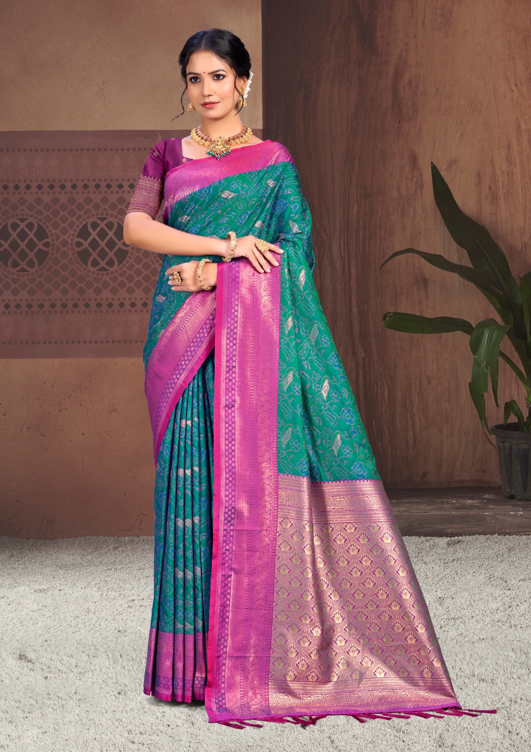 Peacock Teal Floral Woven Soft Silk Saree — alternate view