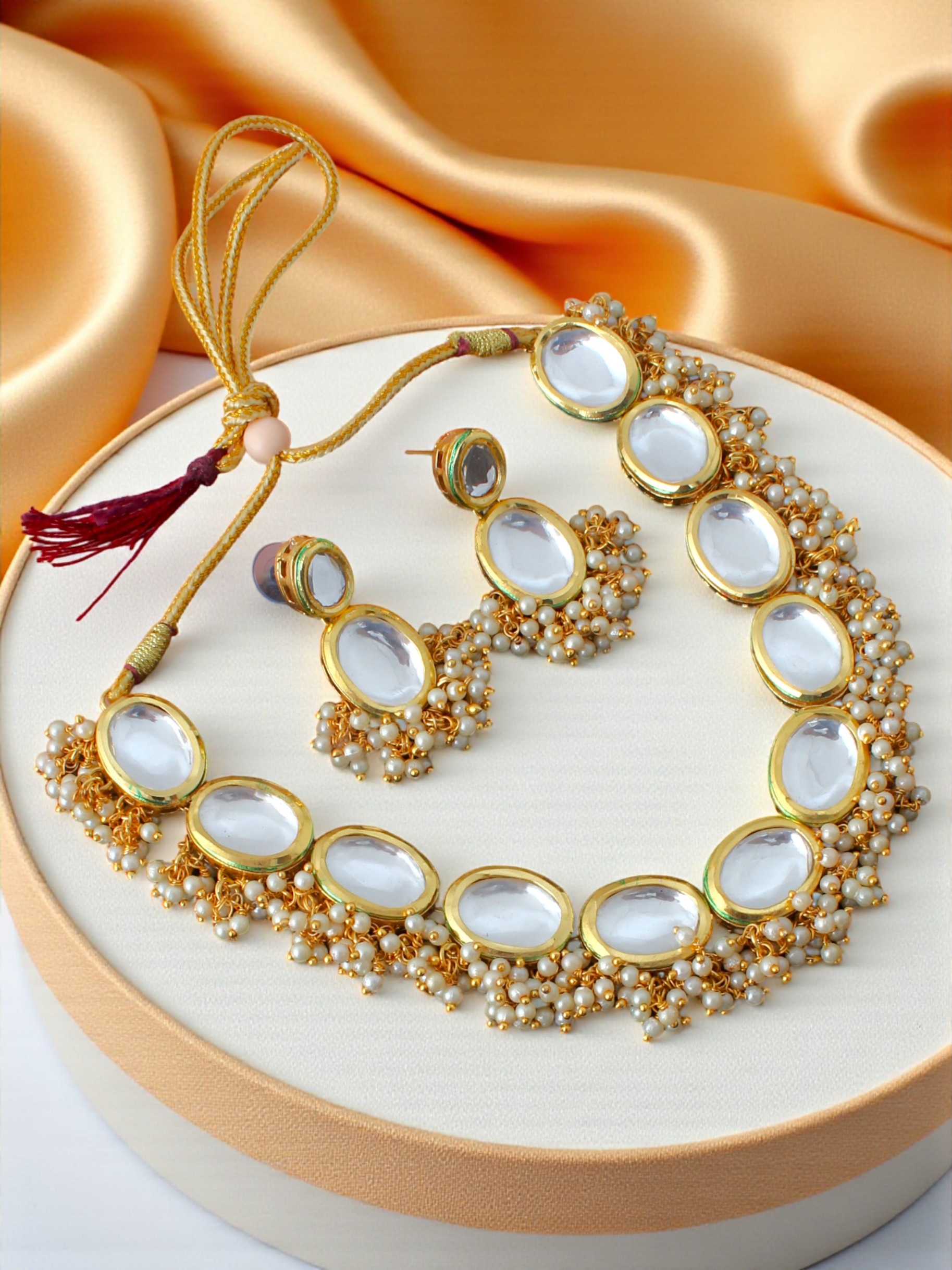 Pearl White Kundan Beaded Necklace Set — alternate view