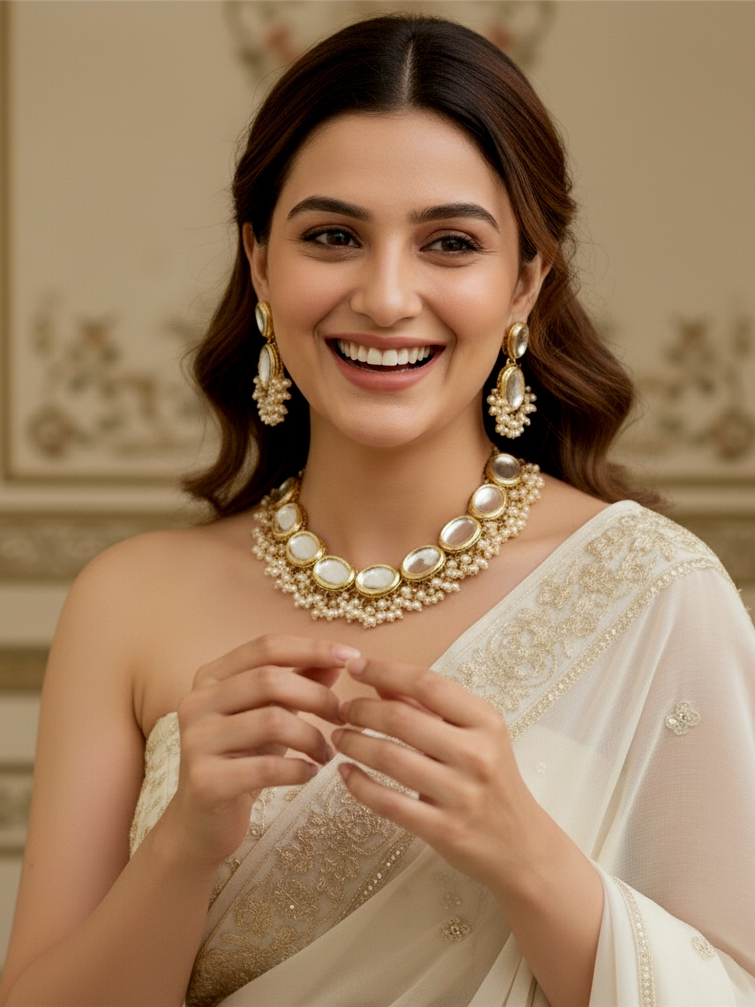 Pearl White Kundan Beaded Necklace Set