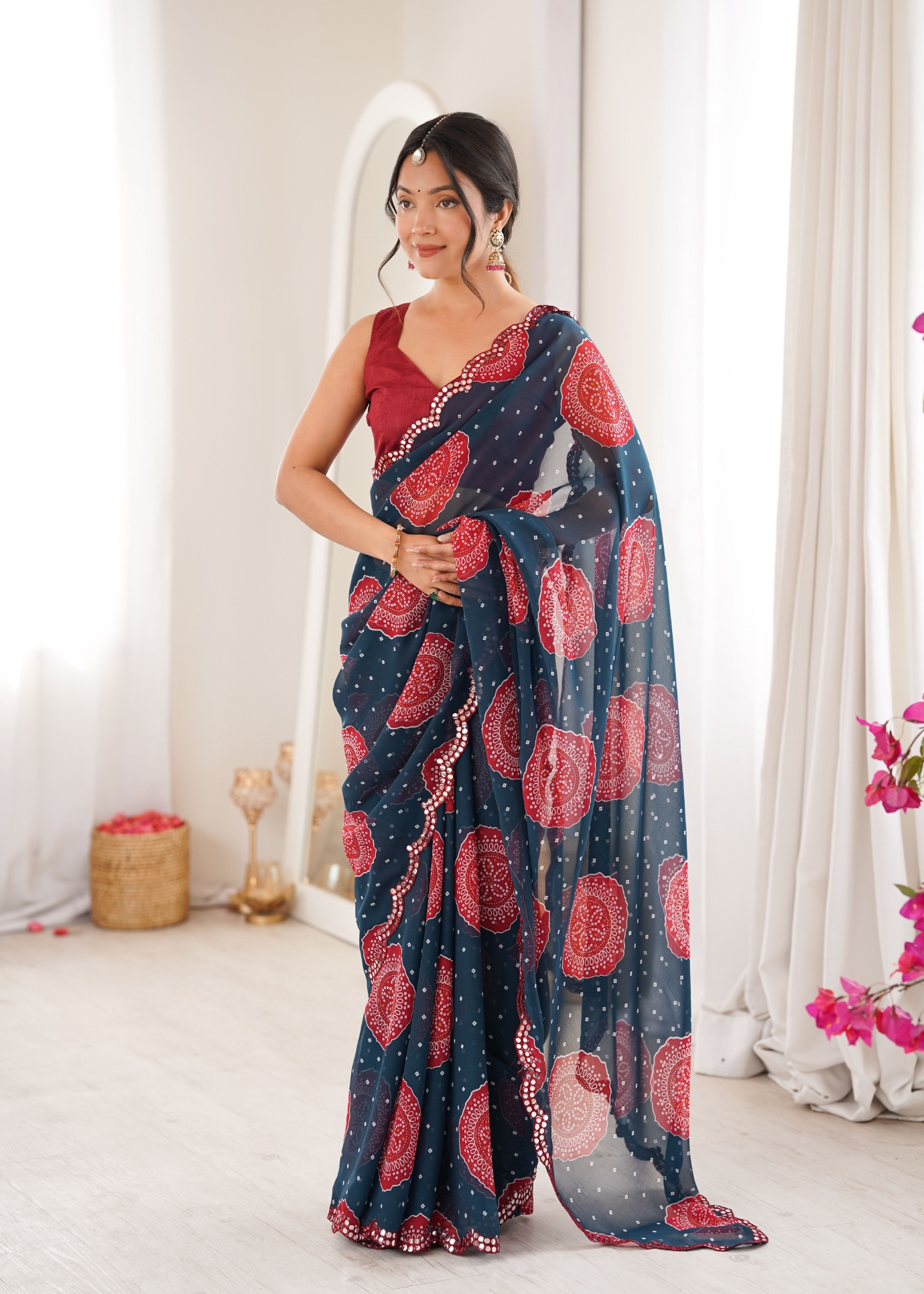 Petrol Bandhani Printed Georgette Saree