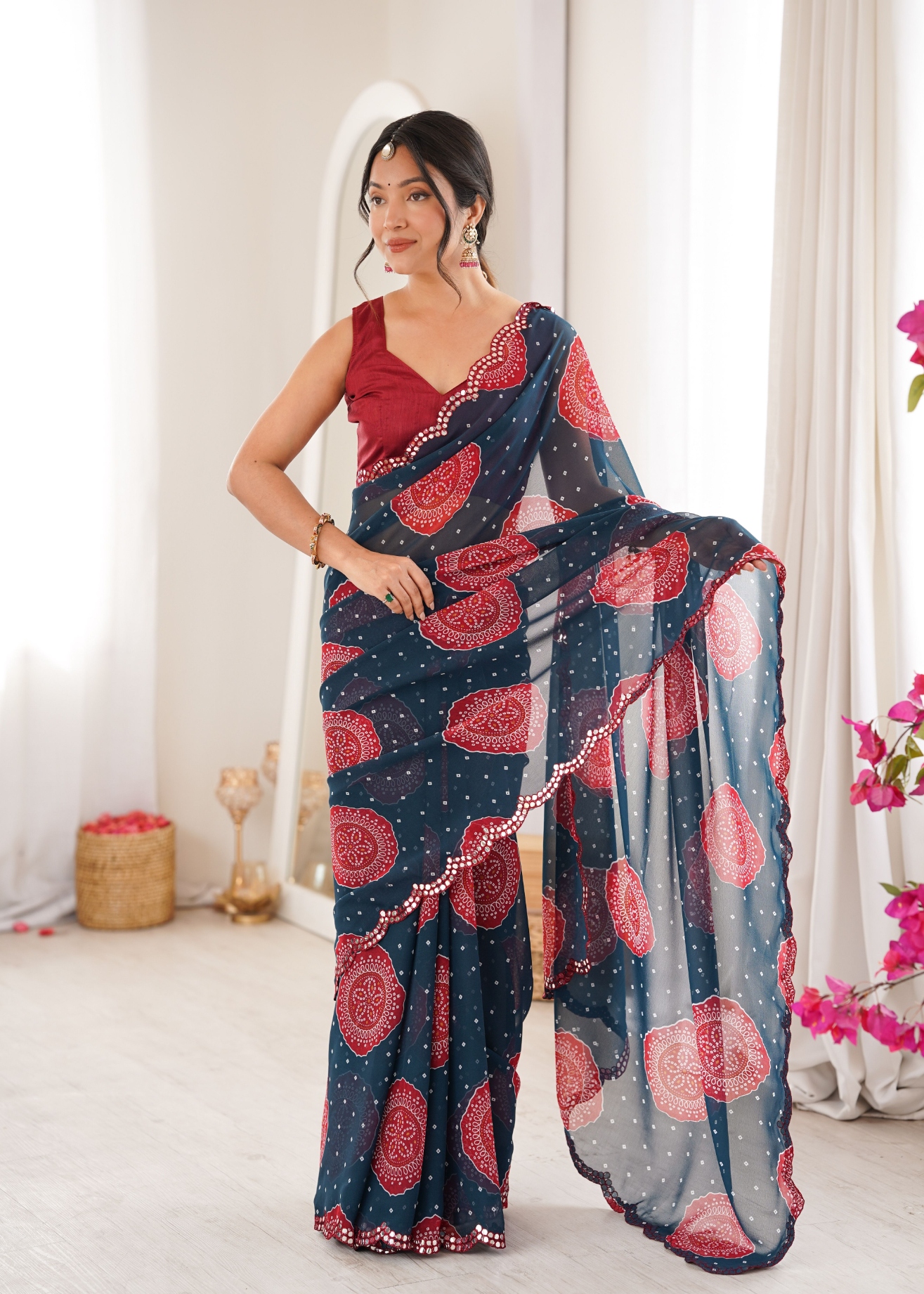 Petrol Bandhani Printed Georgette Saree