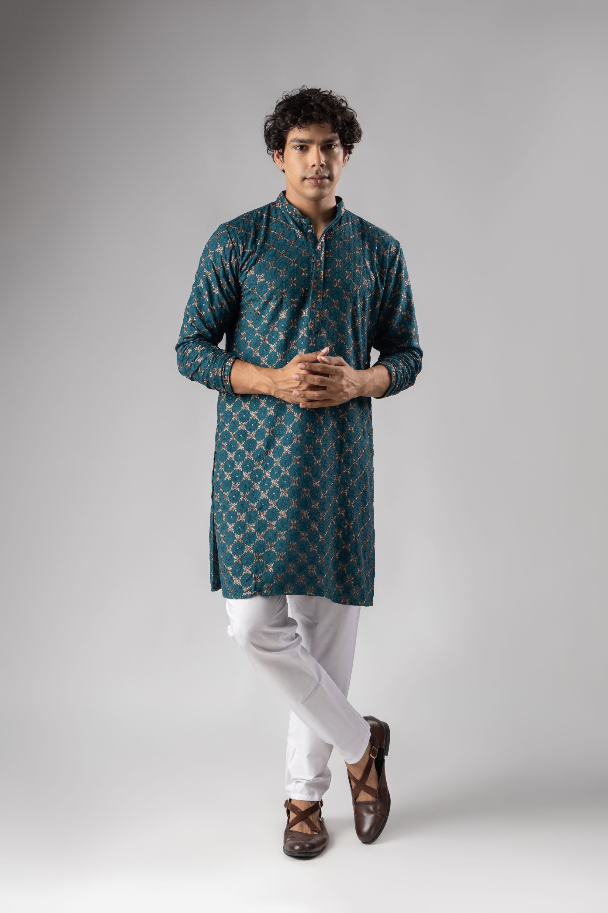 Petrol Blue Geometric Embroidery Rayon Kurta Pyjama