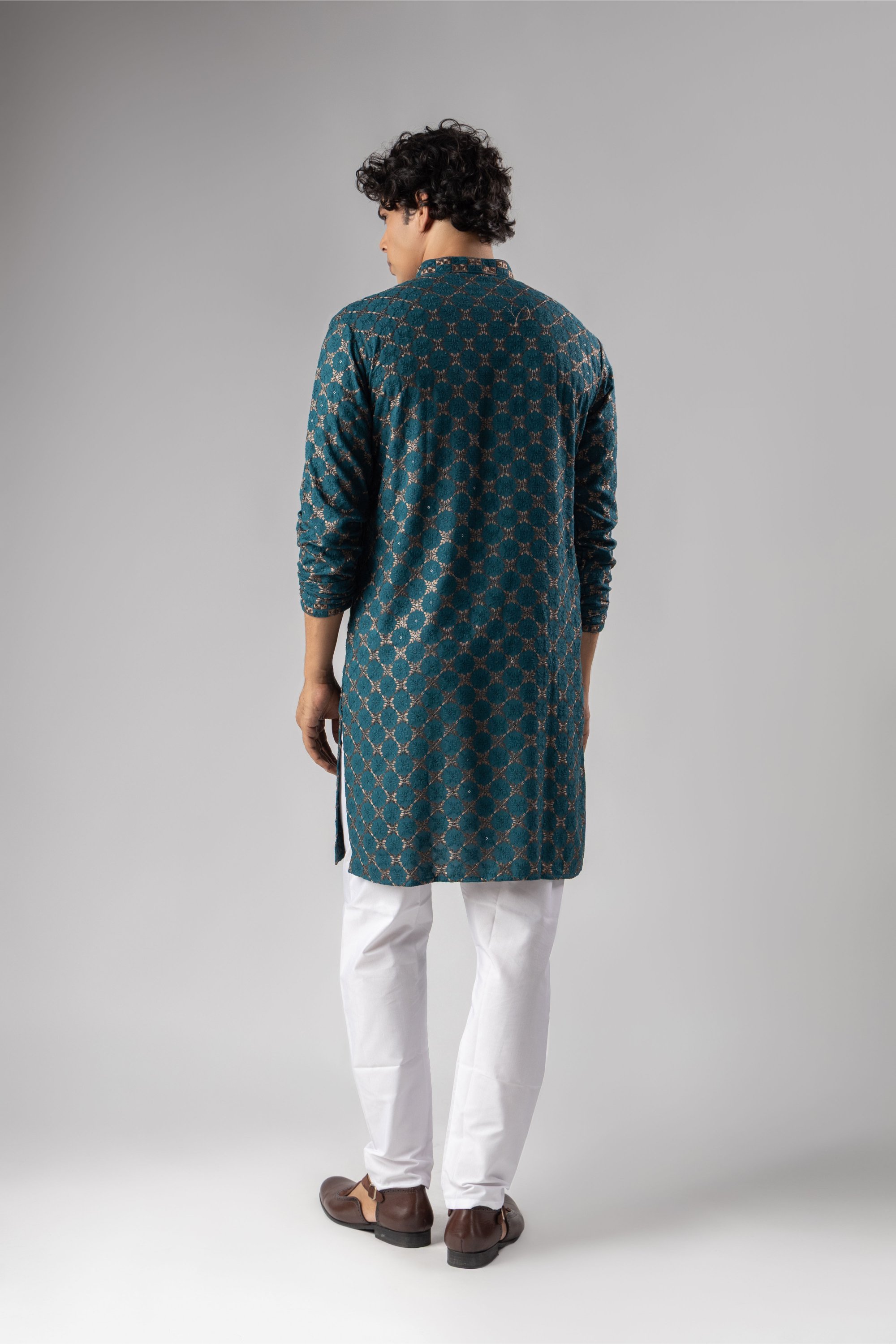 Petrol Blue Geometric Embroidery Rayon Kurta Pyjama — alternate view