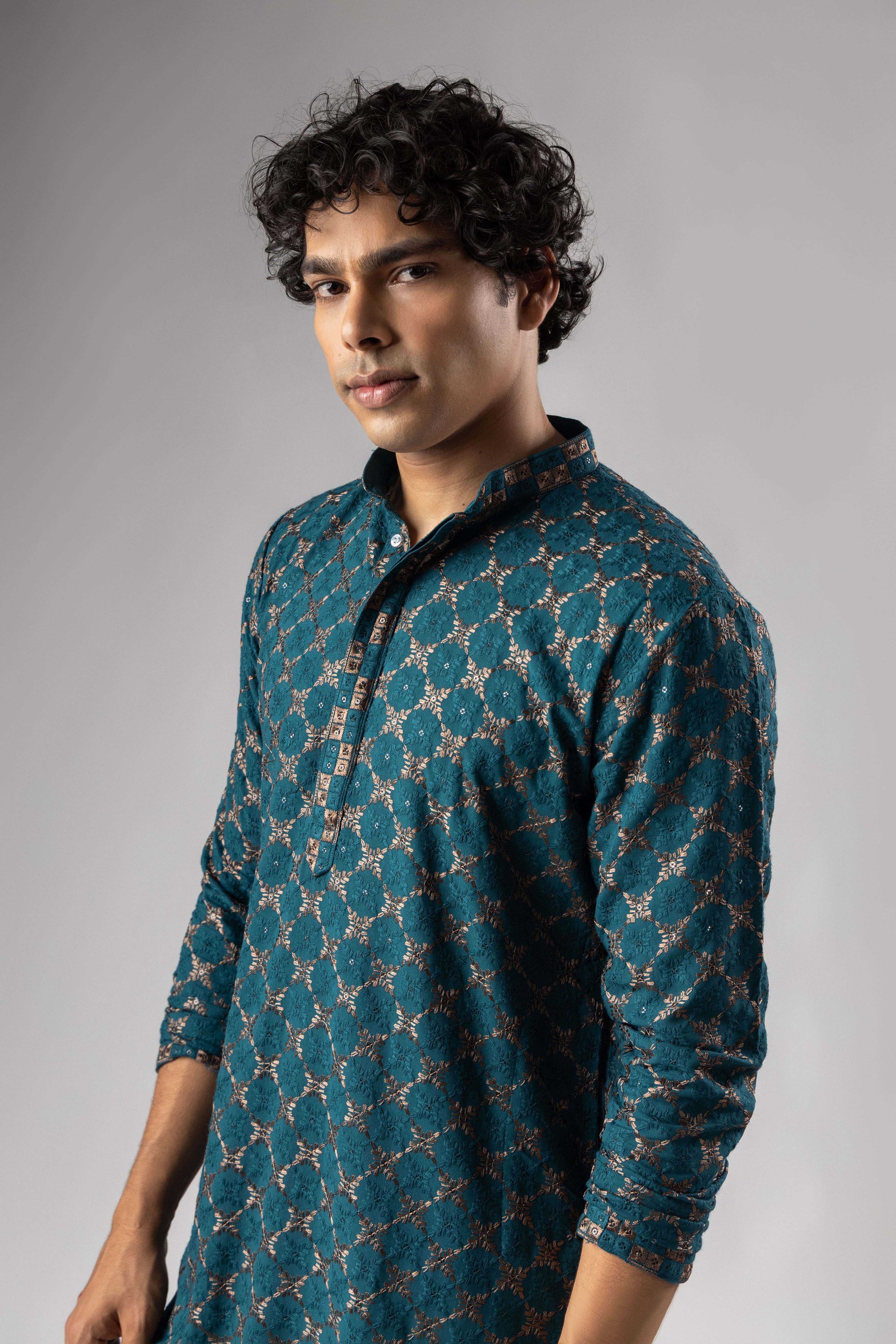 Petrol Blue Geometric Embroidery Rayon Kurta Pyjama