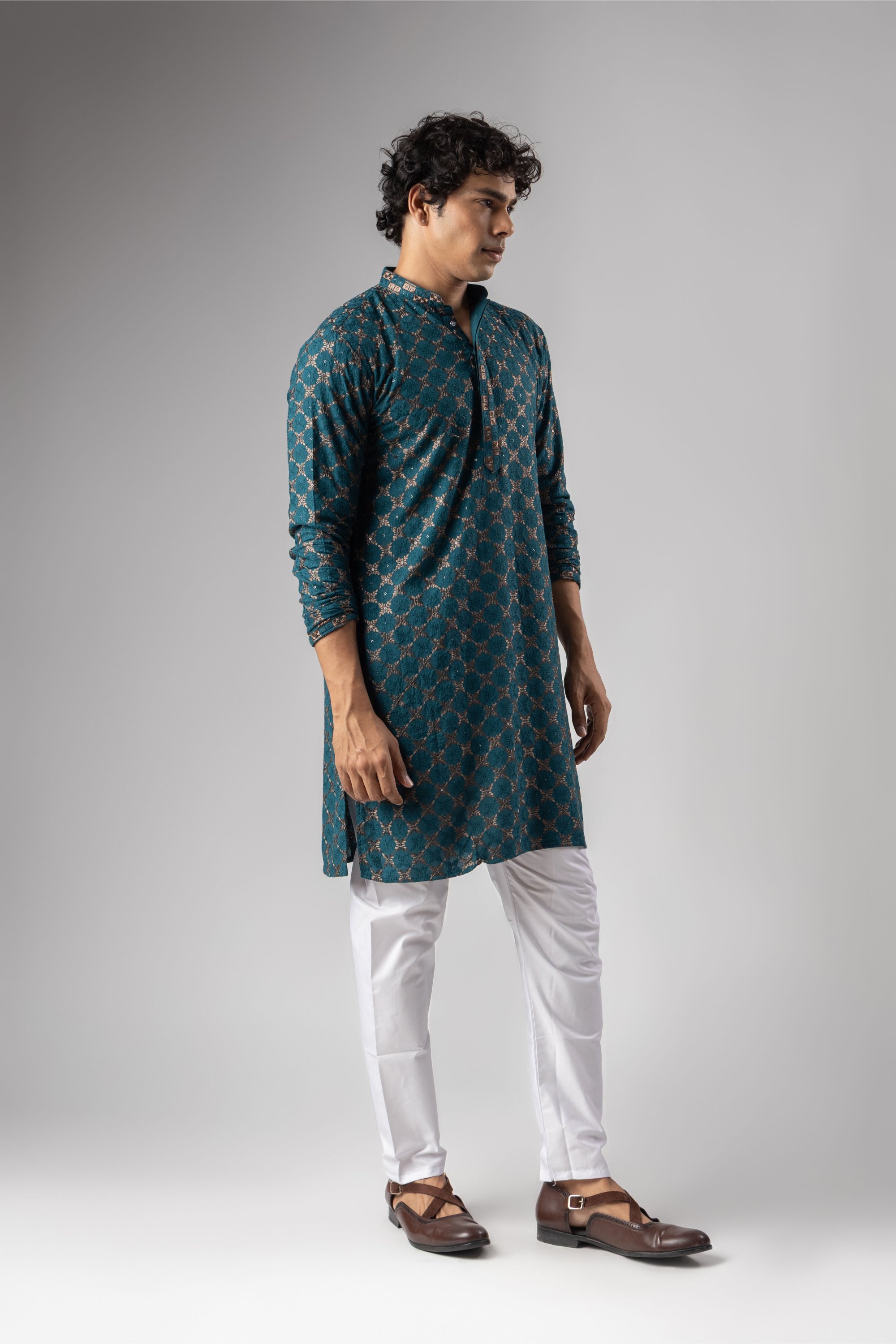 Petrol Blue Geometric Embroidery Rayon Kurta Pyjama