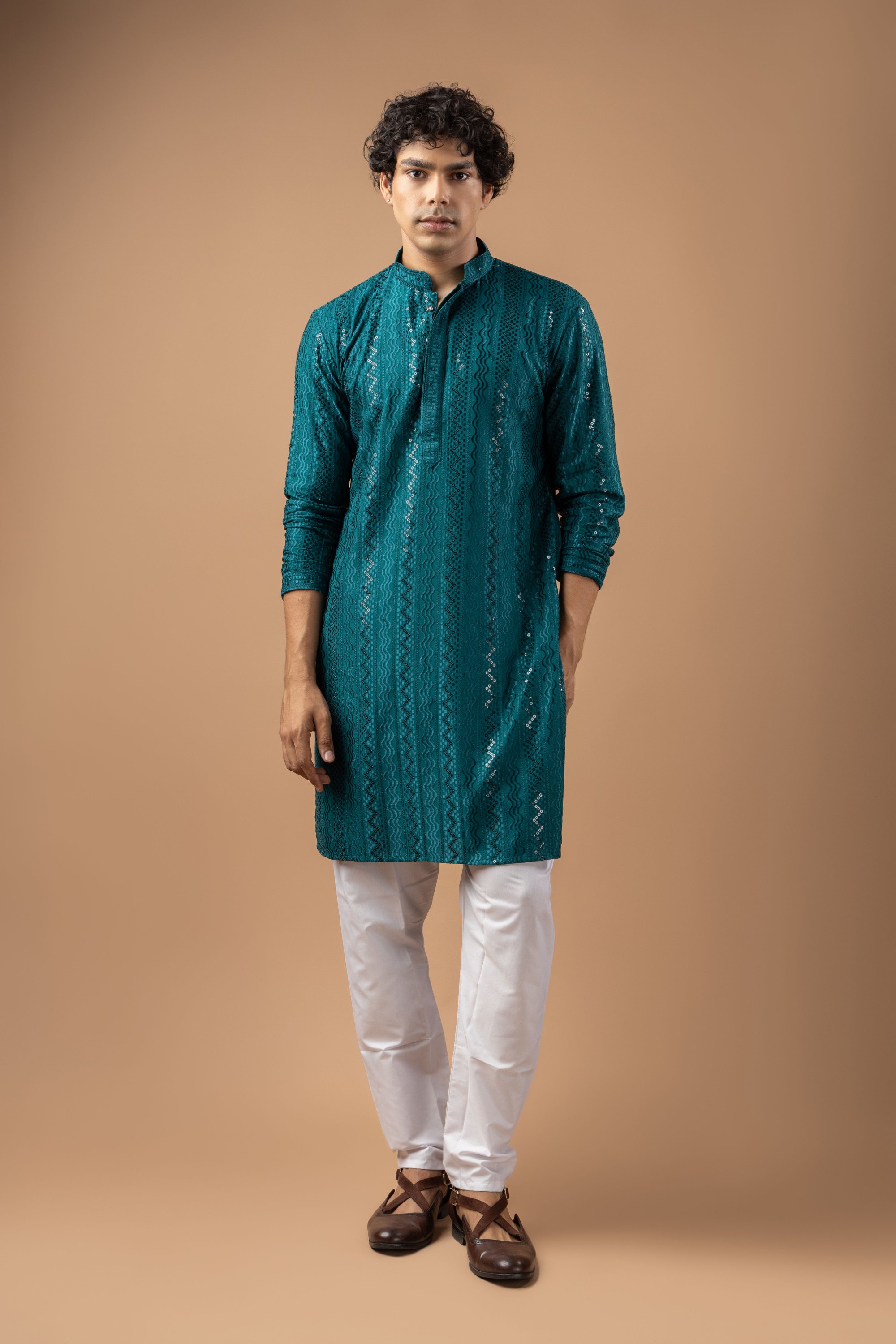 Petrol Blue Stripe Embroidery Rayon Kurta Pyjama