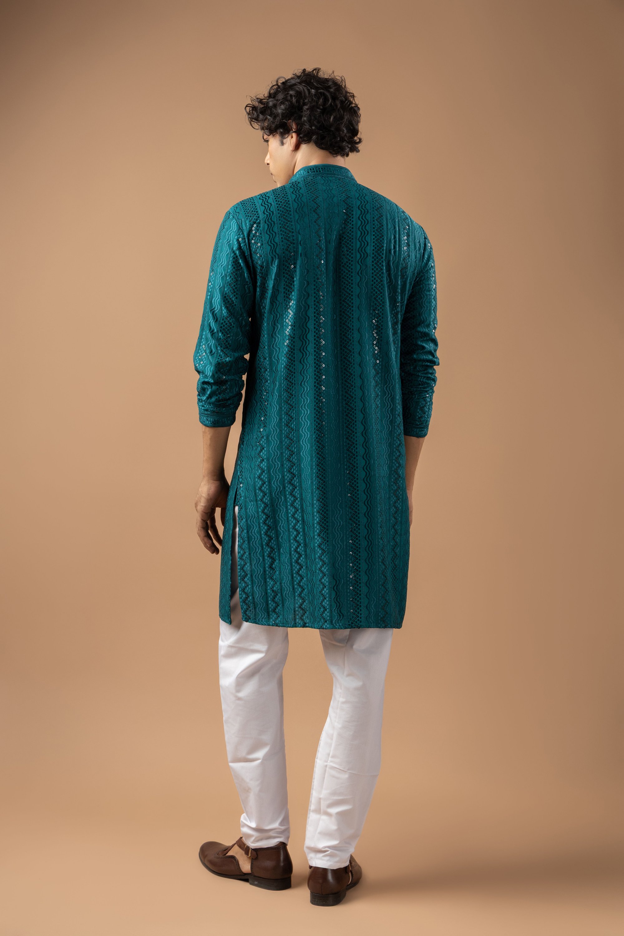 Petrol Blue Stripe Embroidery Rayon Kurta Pyjama — alternate view