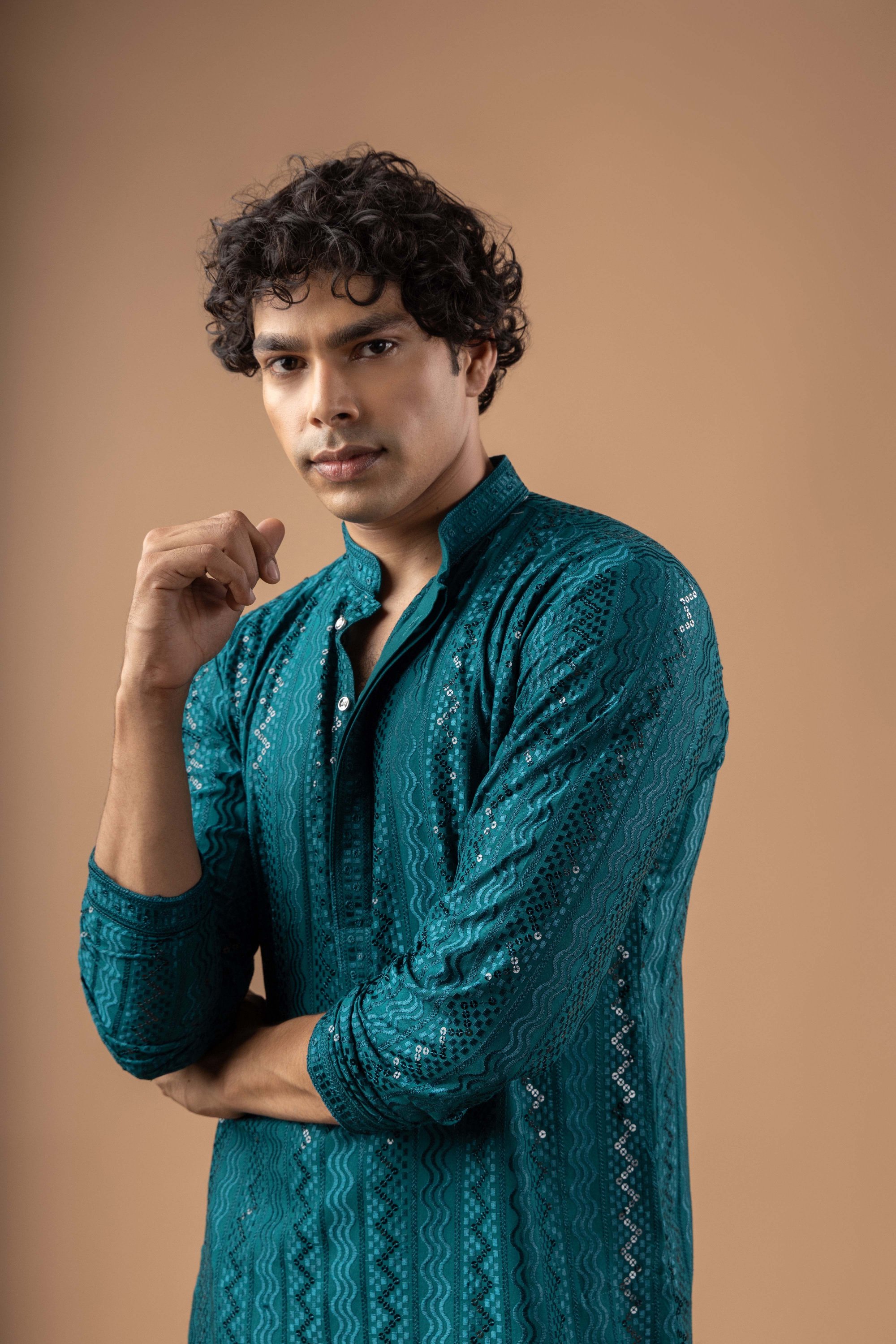 Petrol Blue Stripe Embroidery Rayon Kurta Pyjama