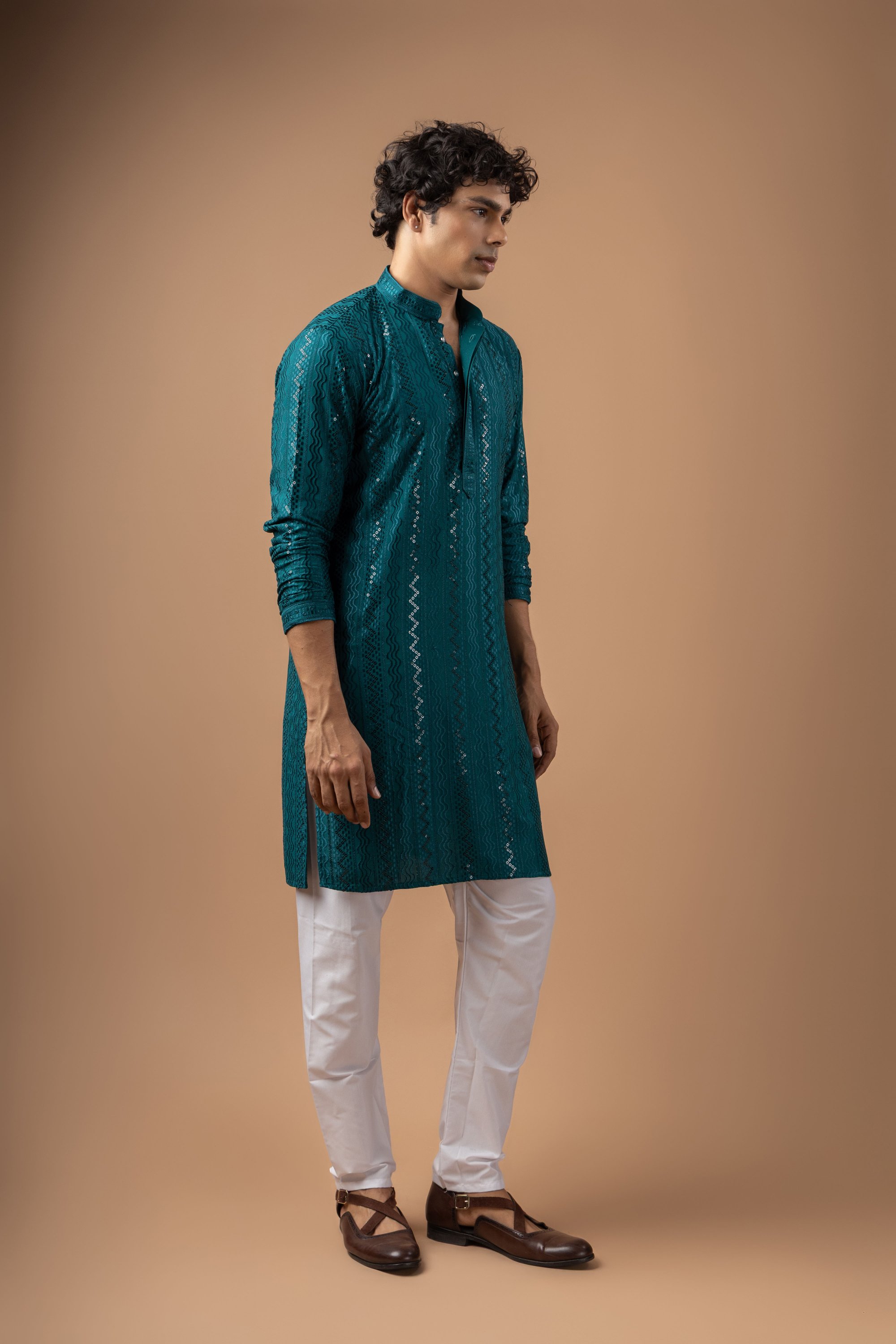 Petrol Blue Stripe Embroidery Rayon Kurta Pyjama