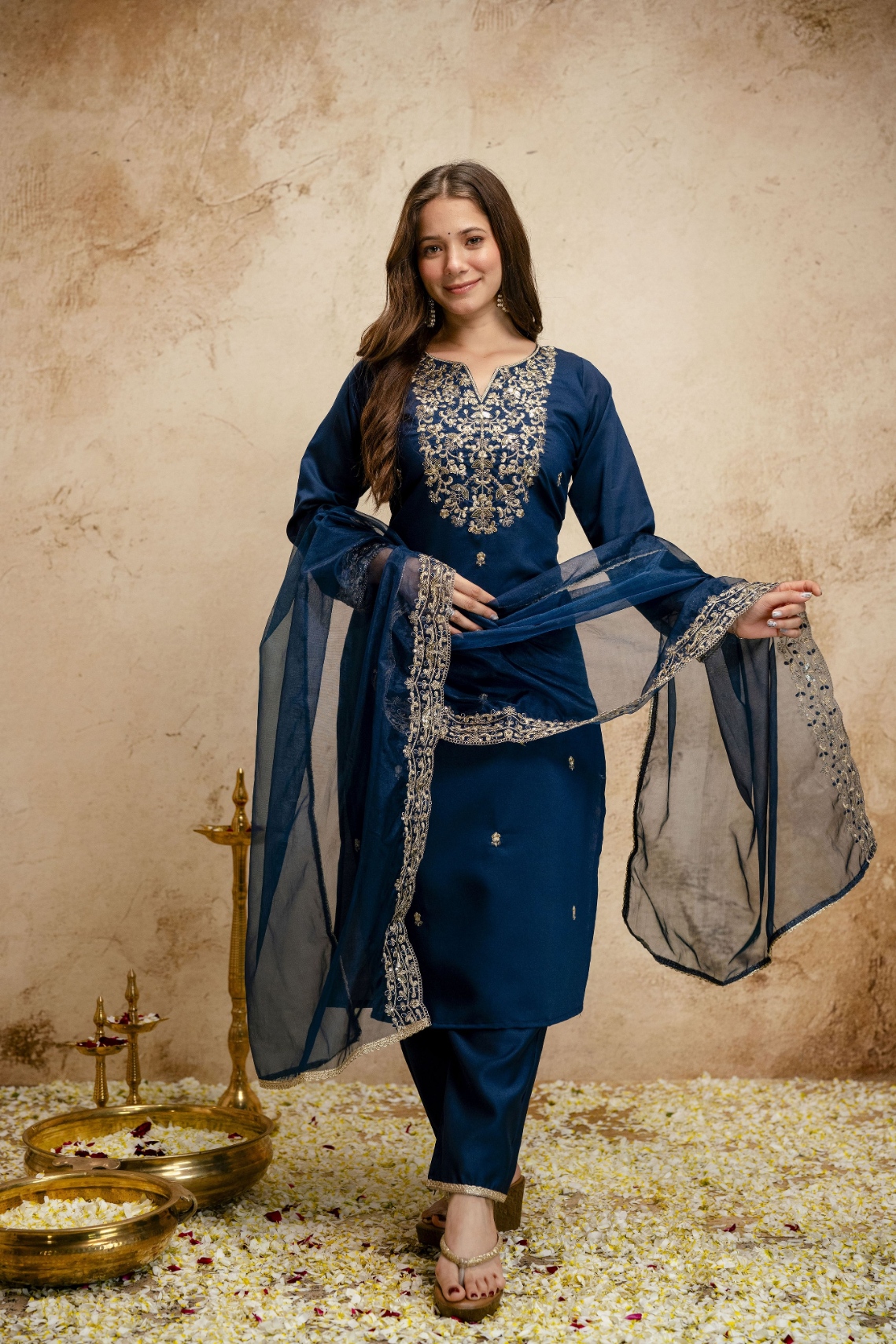 Petrol Designer Embroidered Chanderi Salwar Suit