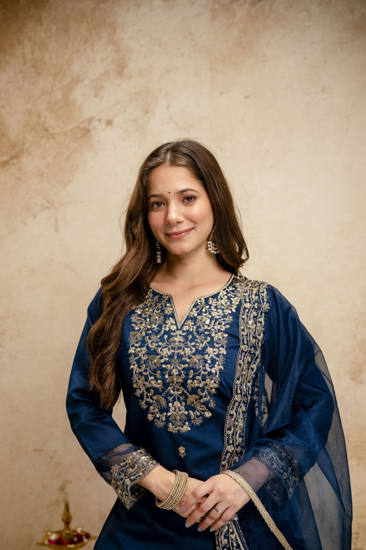 Petrol Designer Embroidered Chanderi Salwar Suit