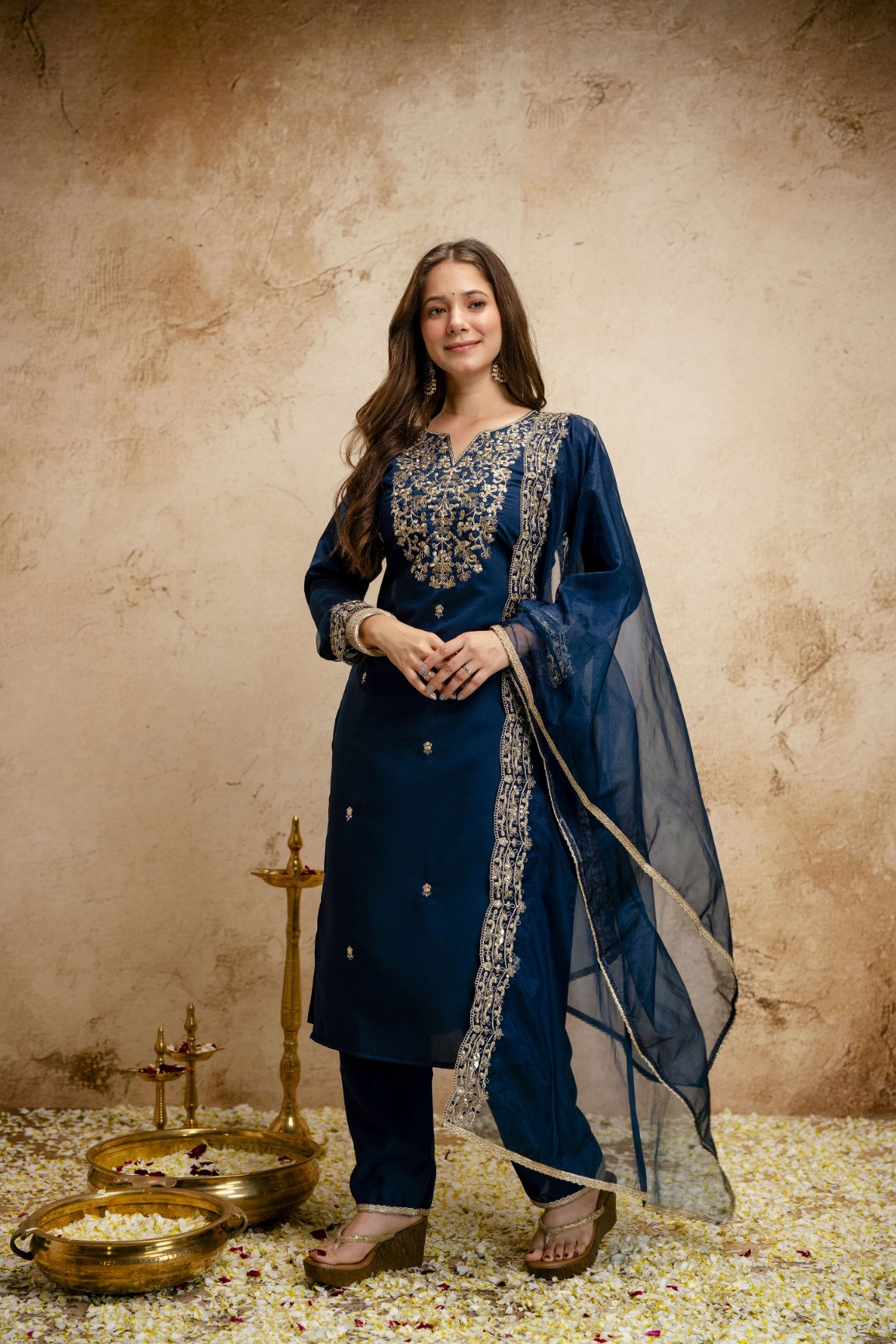 Petrol Designer Embroidered Chanderi Salwar Suit