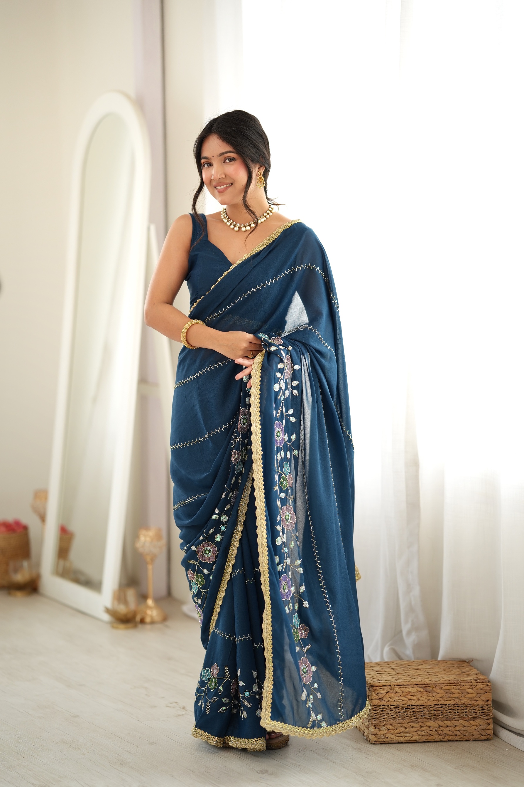 Petrol Floral Embroidered Star Georgette Saree
