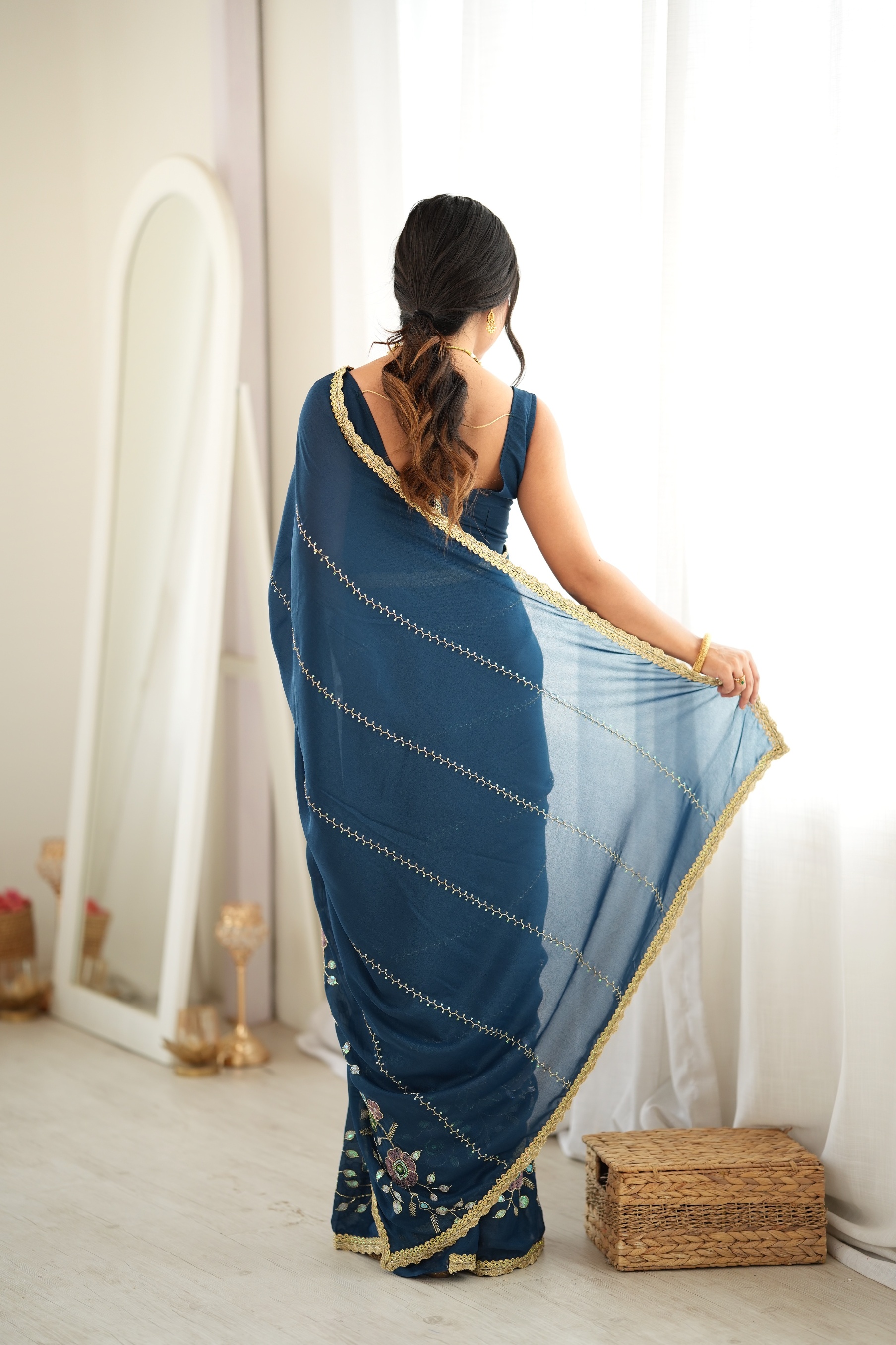 Petrol Floral Embroidered Star Georgette Saree — alternate view
