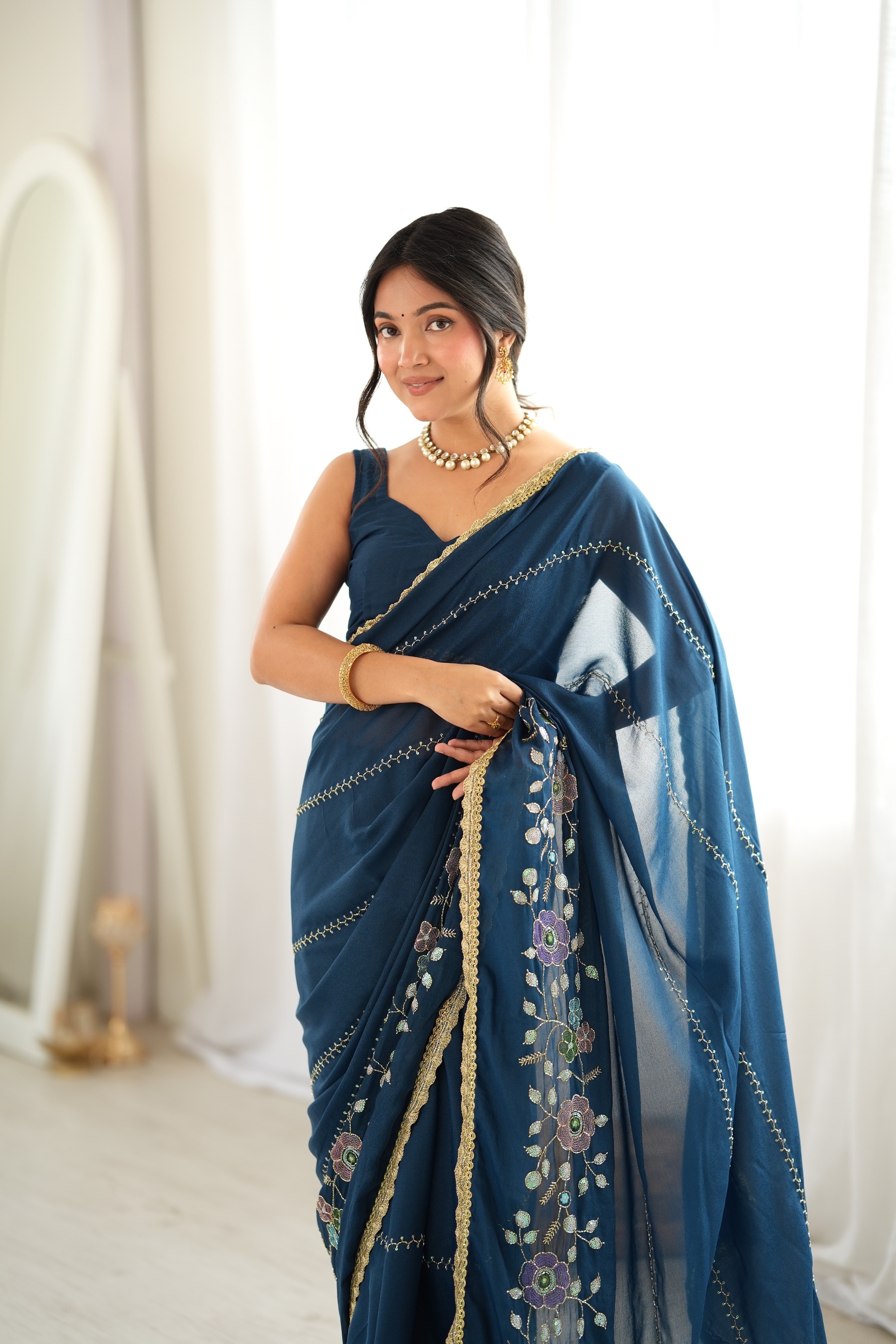 Petrol Floral Embroidered Star Georgette Saree