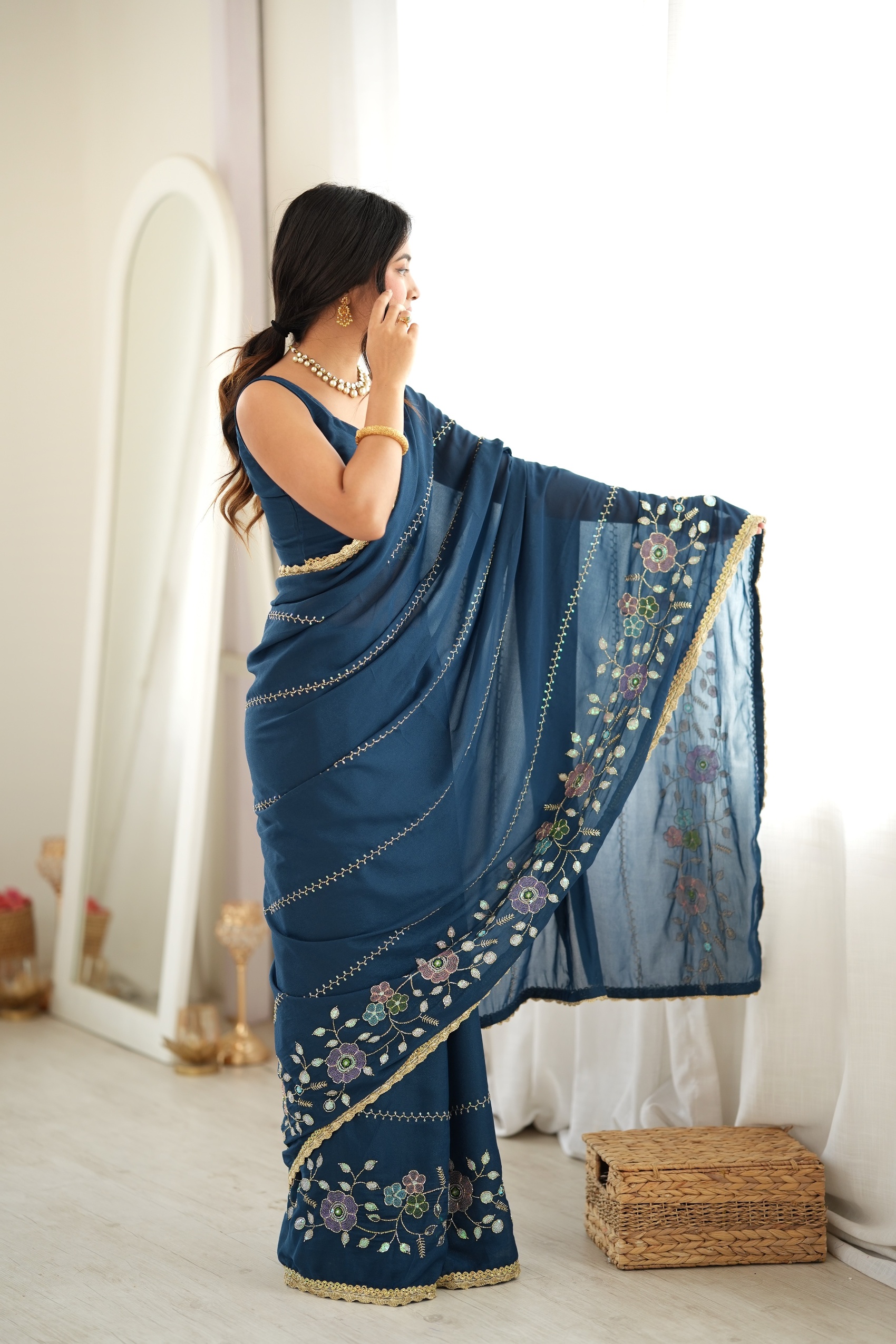 Petrol Floral Embroidered Star Georgette Saree