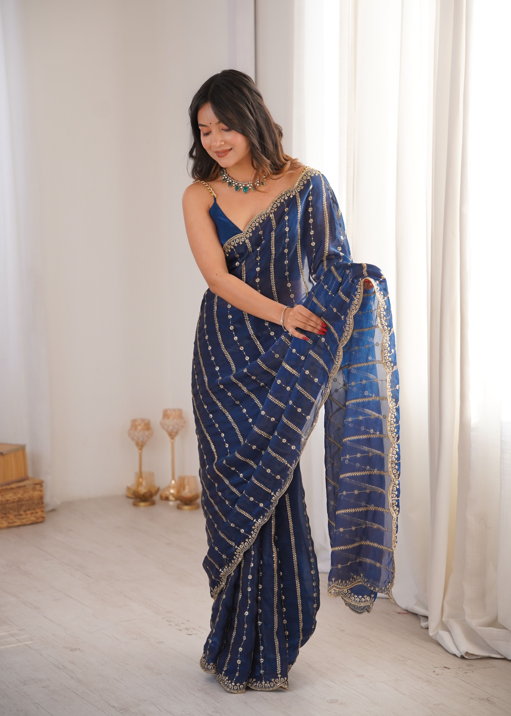 Petrol Sequin Embroidered Fendy Satin Saree