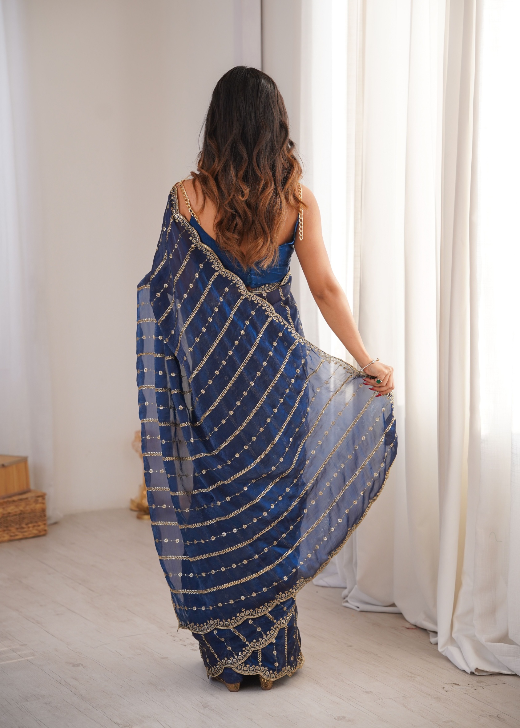 Petrol Sequin Embroidered Fendy Satin Saree — alternate view