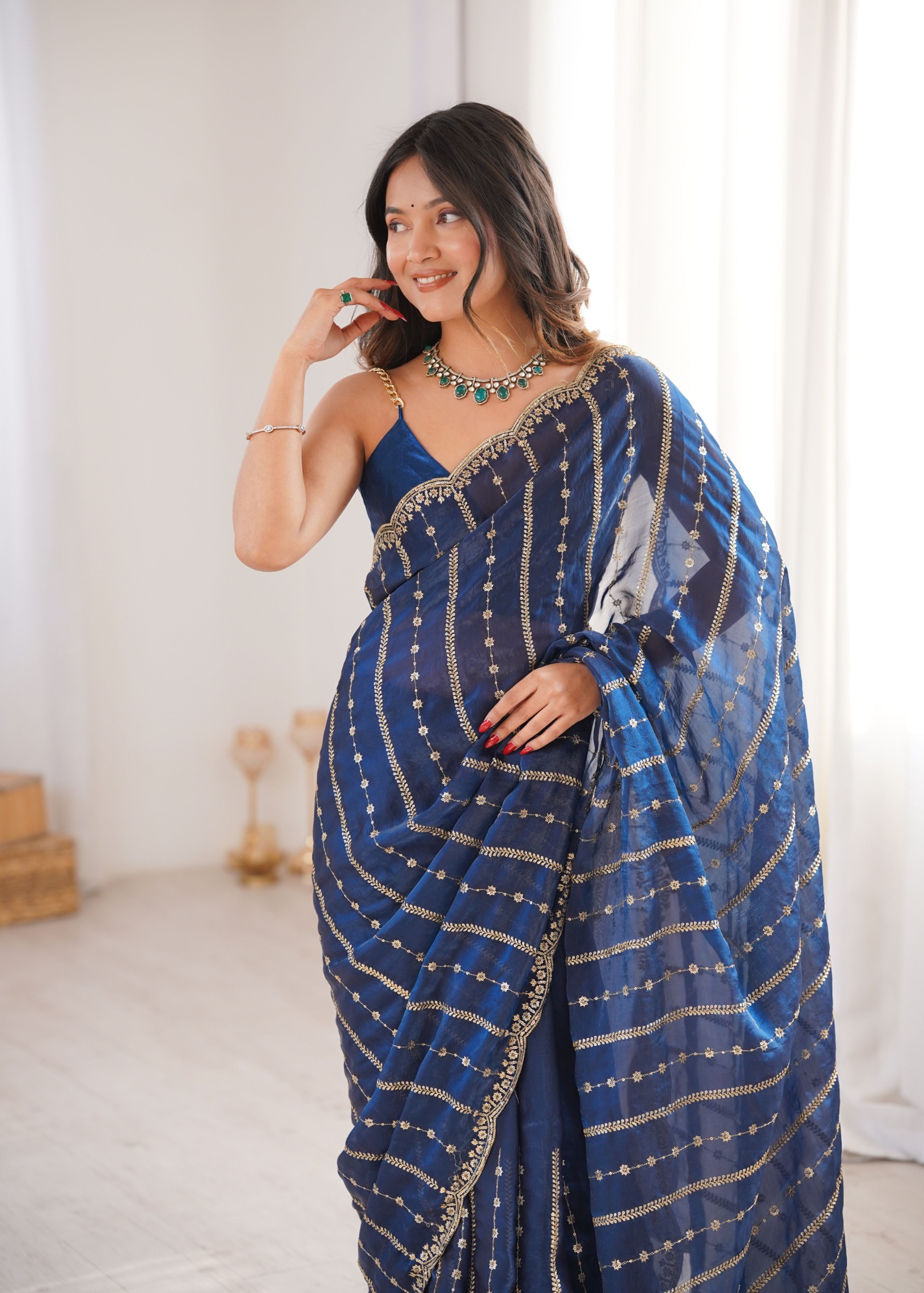 Petrol Sequin Embroidered Fendy Satin Saree