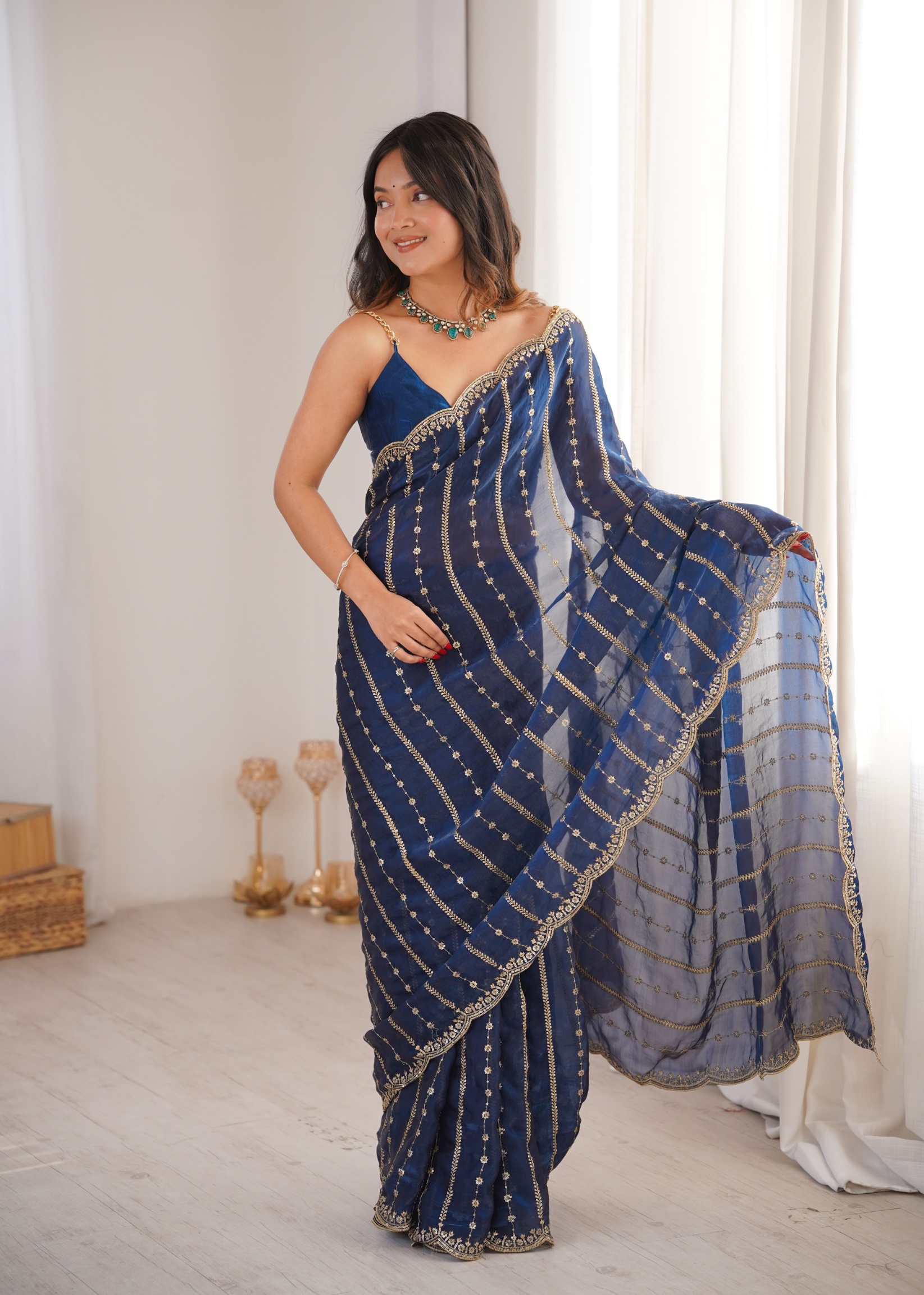Petrol Sequin Embroidered Fendy Satin Saree