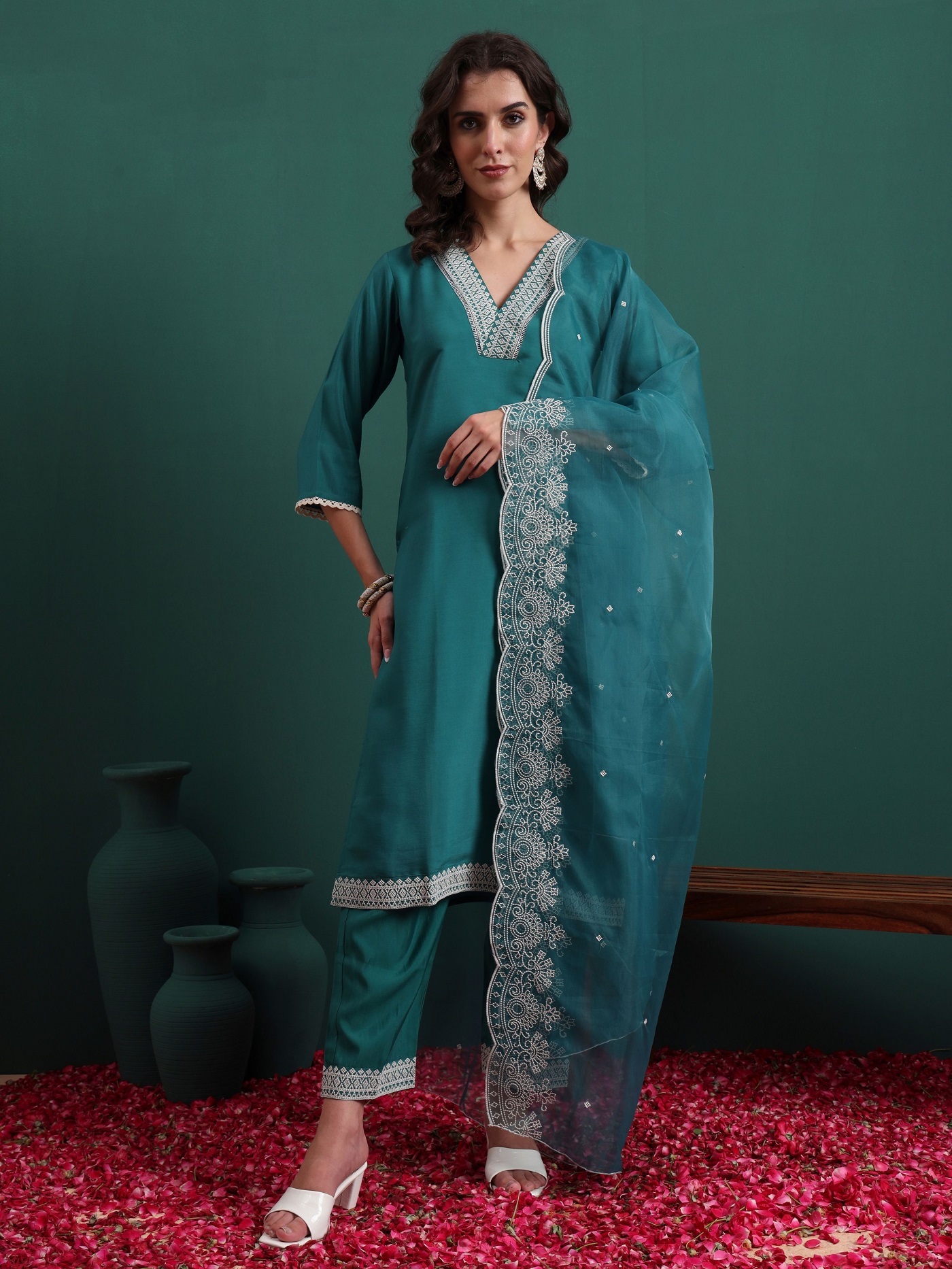 Pine Green Silk Blend Embroidered Readymade Suit