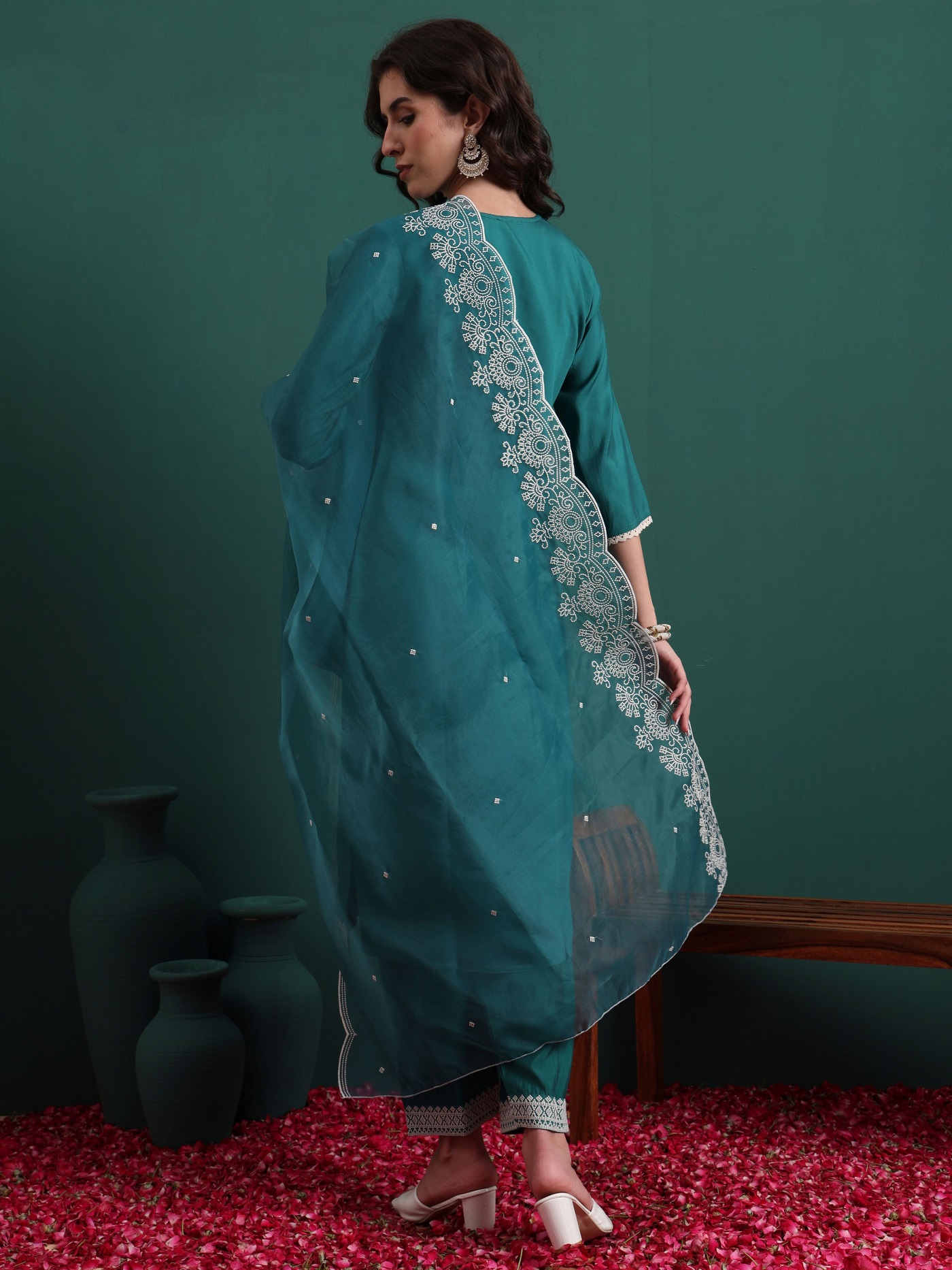 Pine Green Silk Blend Embroidered Readymade Suit — alternate view
