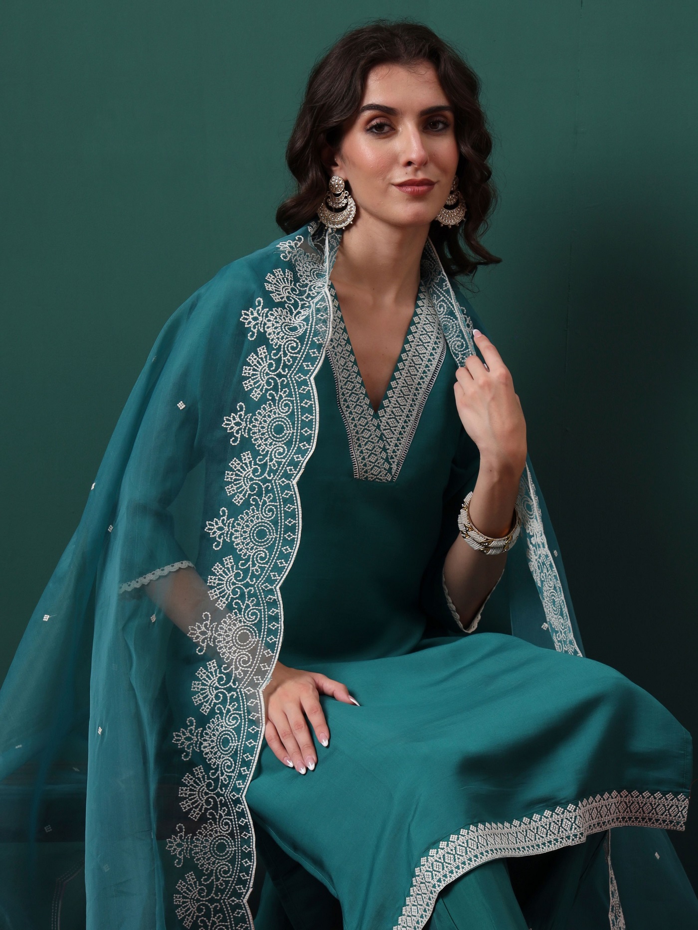 Pine Green Silk Blend Embroidered Readymade Suit
