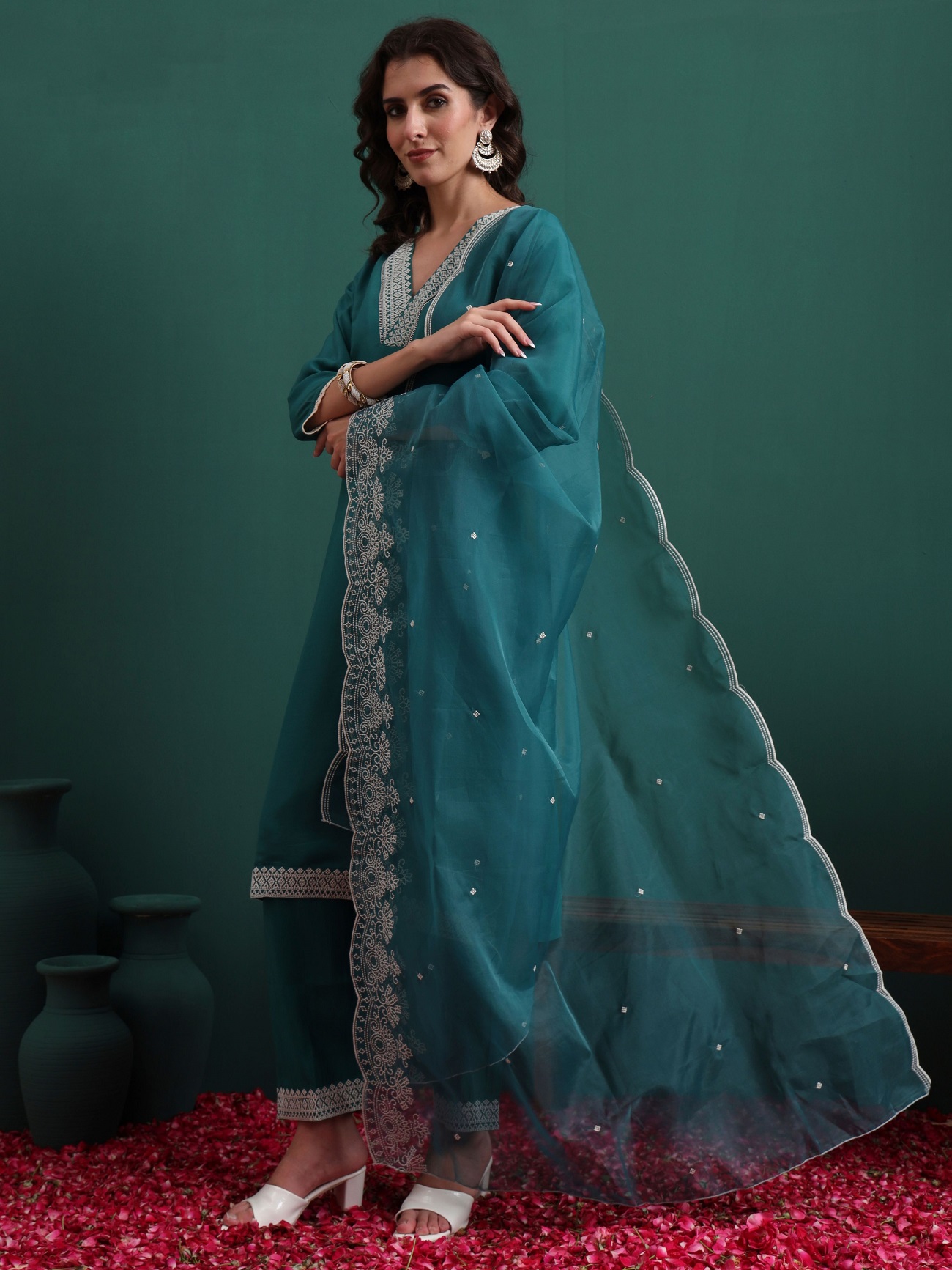 Pine Green Silk Blend Embroidered Readymade Suit