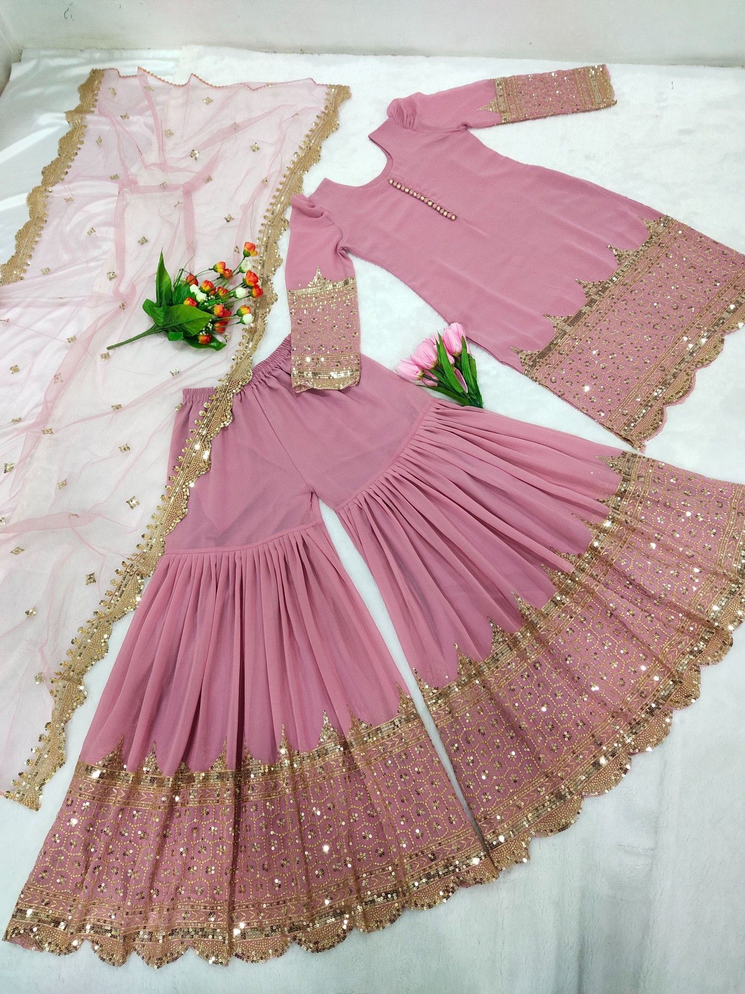 Pink 5mm Embroidered Heavy Faux Georgette Sharara Suit