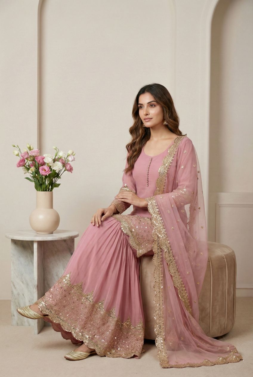 Pink 5mm Embroidered Heavy Faux Georgette Sharara Suit — alternate view
