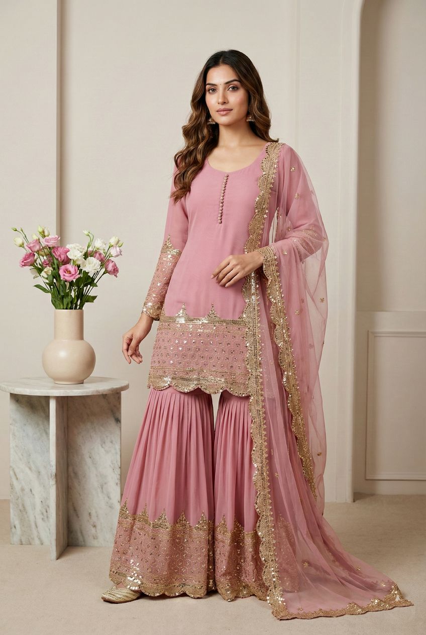 Pink 5mm Embroidered Heavy Faux Georgette Sharara Suit