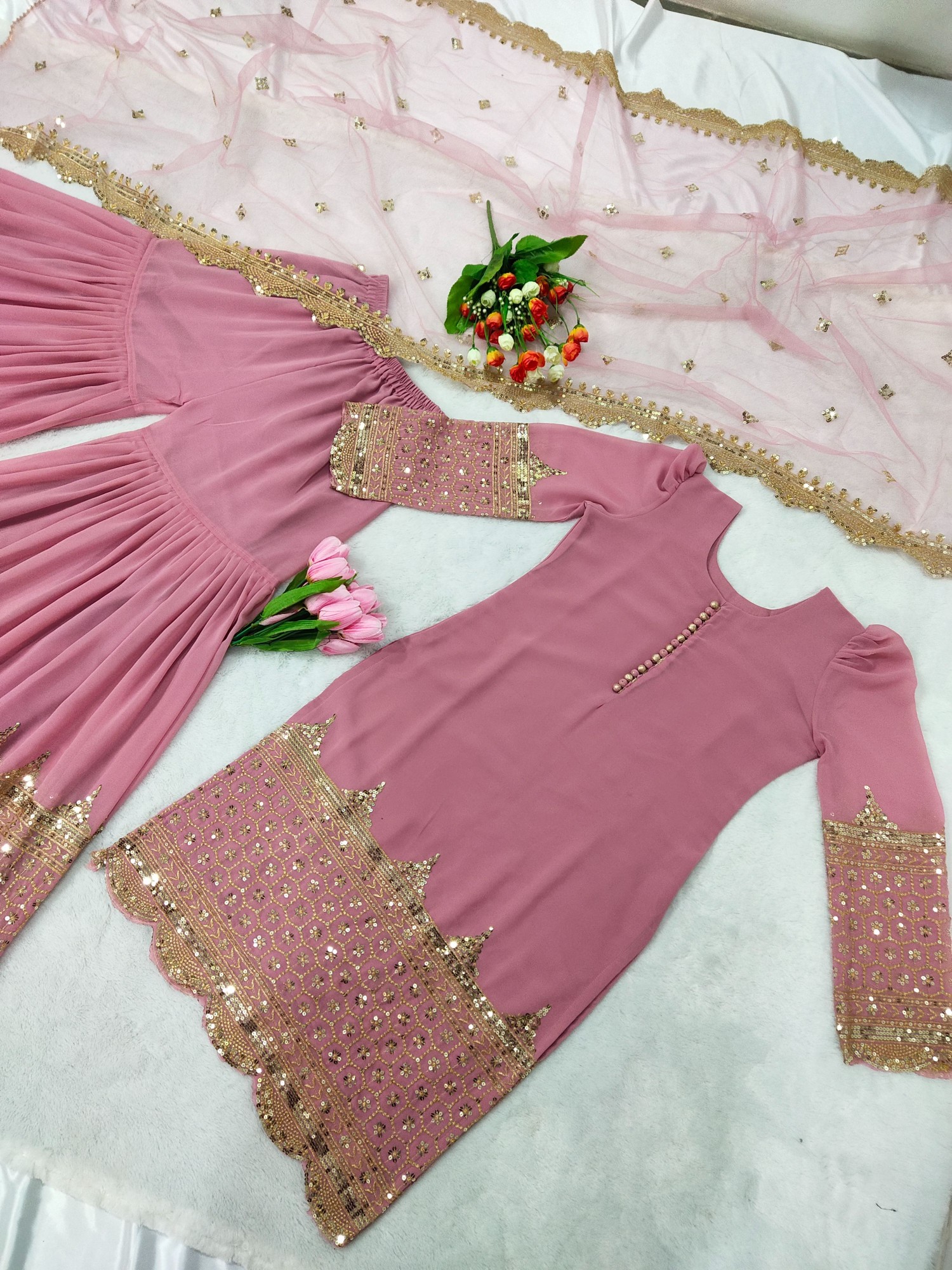 Pink 5mm Embroidered Heavy Faux Georgette Sharara Suit