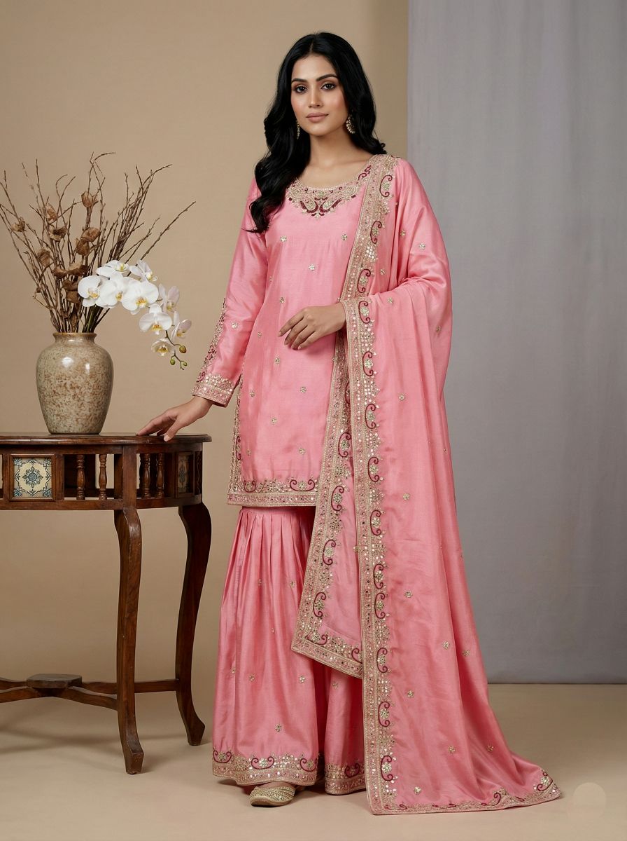 Pink 5mm Embroidered Heavy Pure Chinnon Silk Sharara Suit