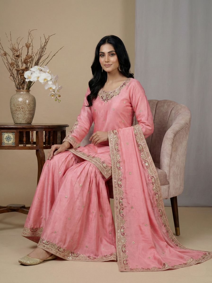 Pink 5mm Embroidered Heavy Pure Chinnon Silk Sharara Suit — alternate view