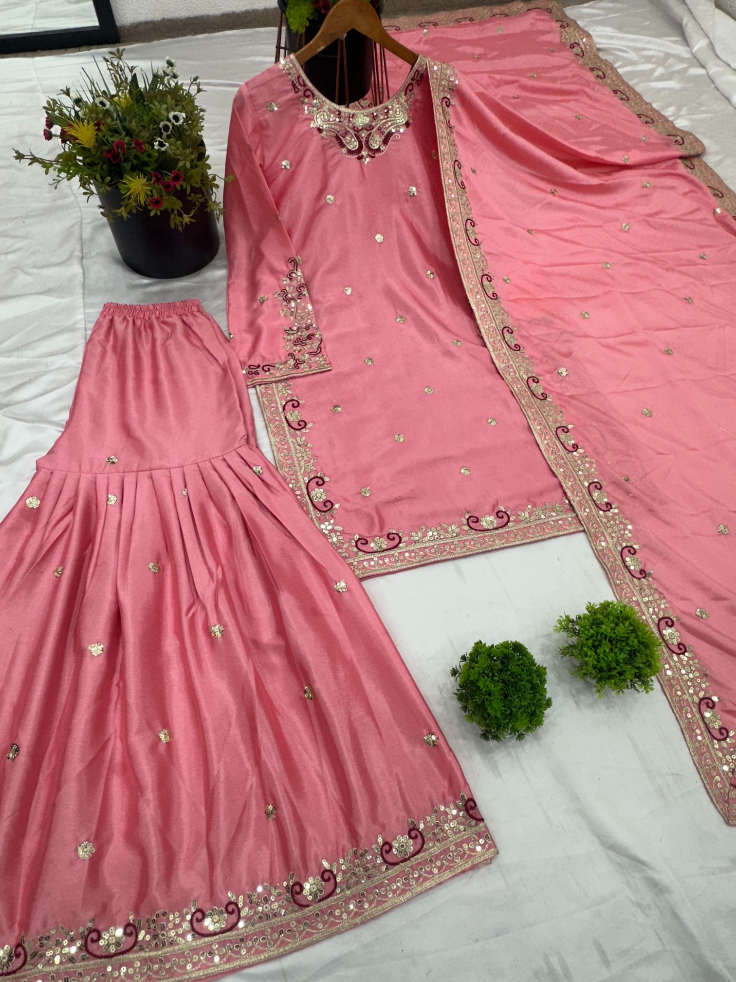Pink 5mm Embroidered Heavy Pure Chinnon Silk Sharara Suit