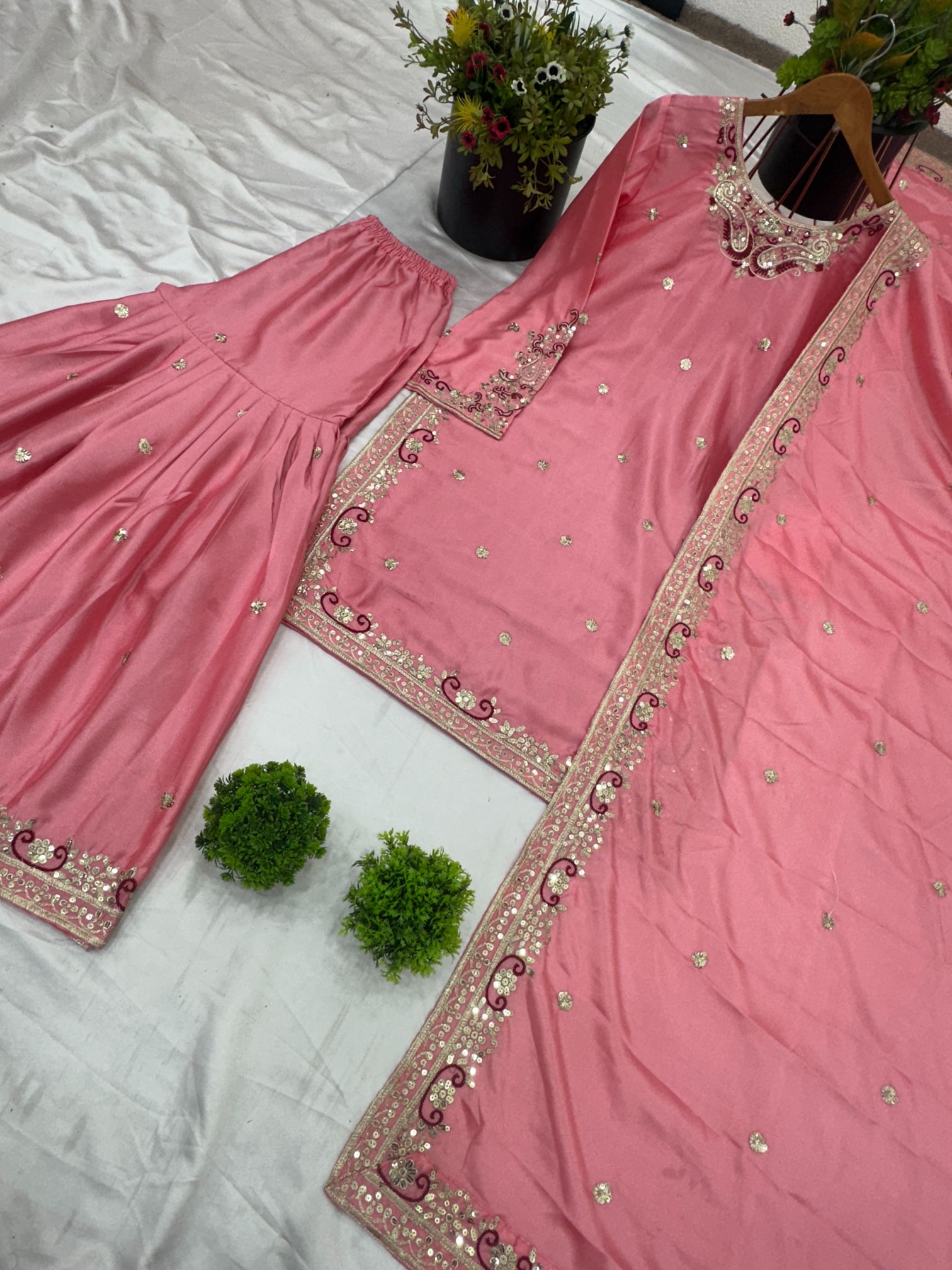 Pink 5mm Embroidered Heavy Pure Chinnon Silk Sharara Suit