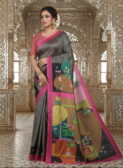 Pink Aarohi Designer Digital Printed Crepe Silk Saree