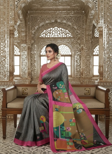 Pink Aarohi Designer Digital Printed Crepe Silk Saree