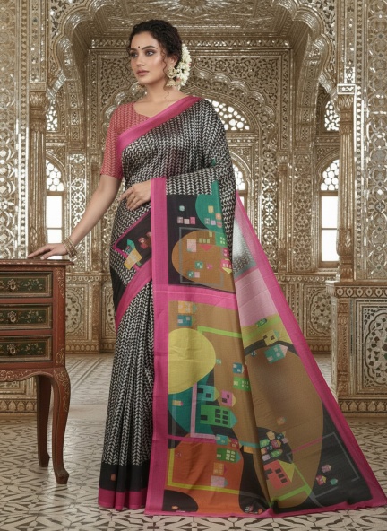 Pink Aarohi Designer Digital Printed Crepe Silk Saree