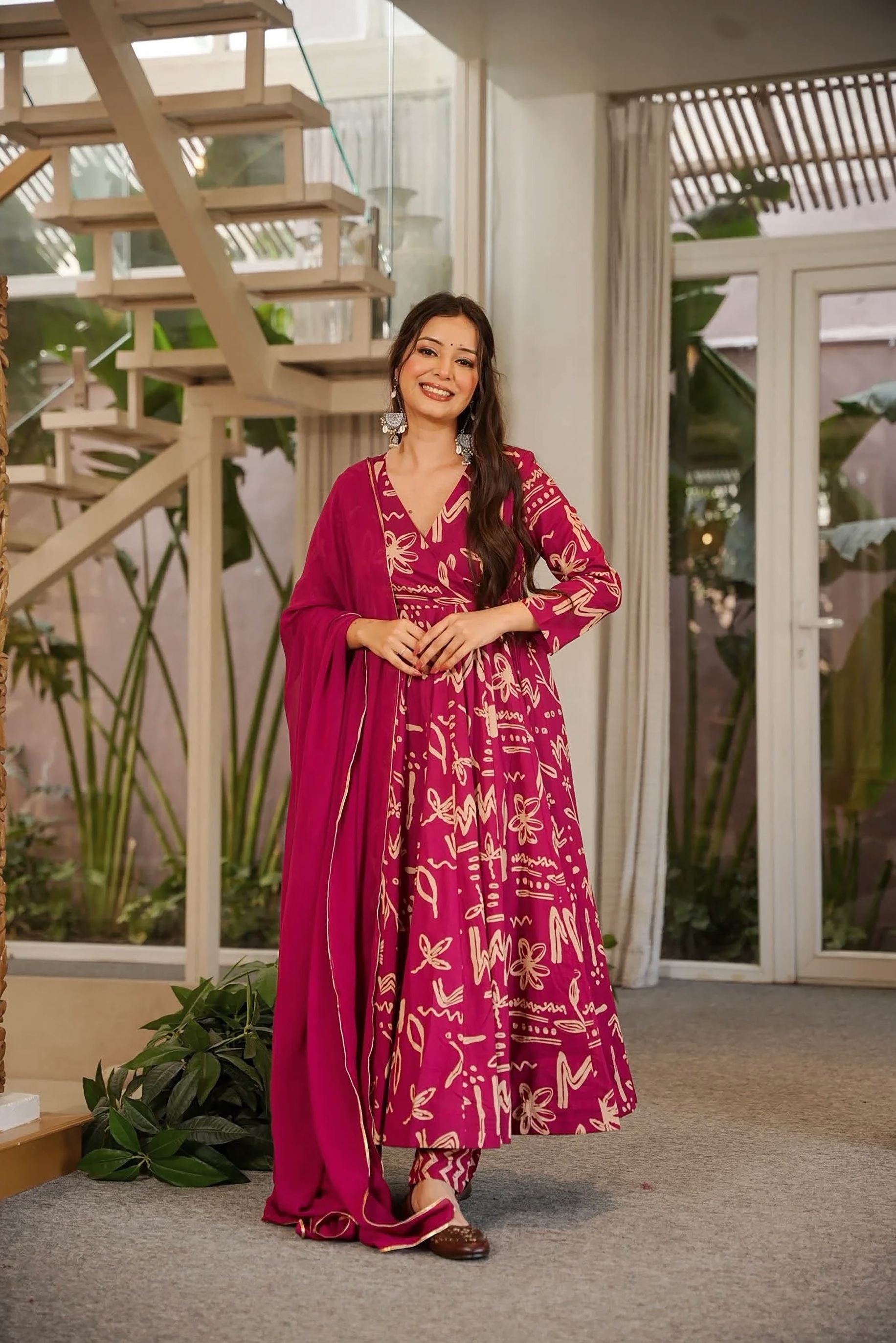 Pink Abstract Digital Print Muslin Anarkali Suit