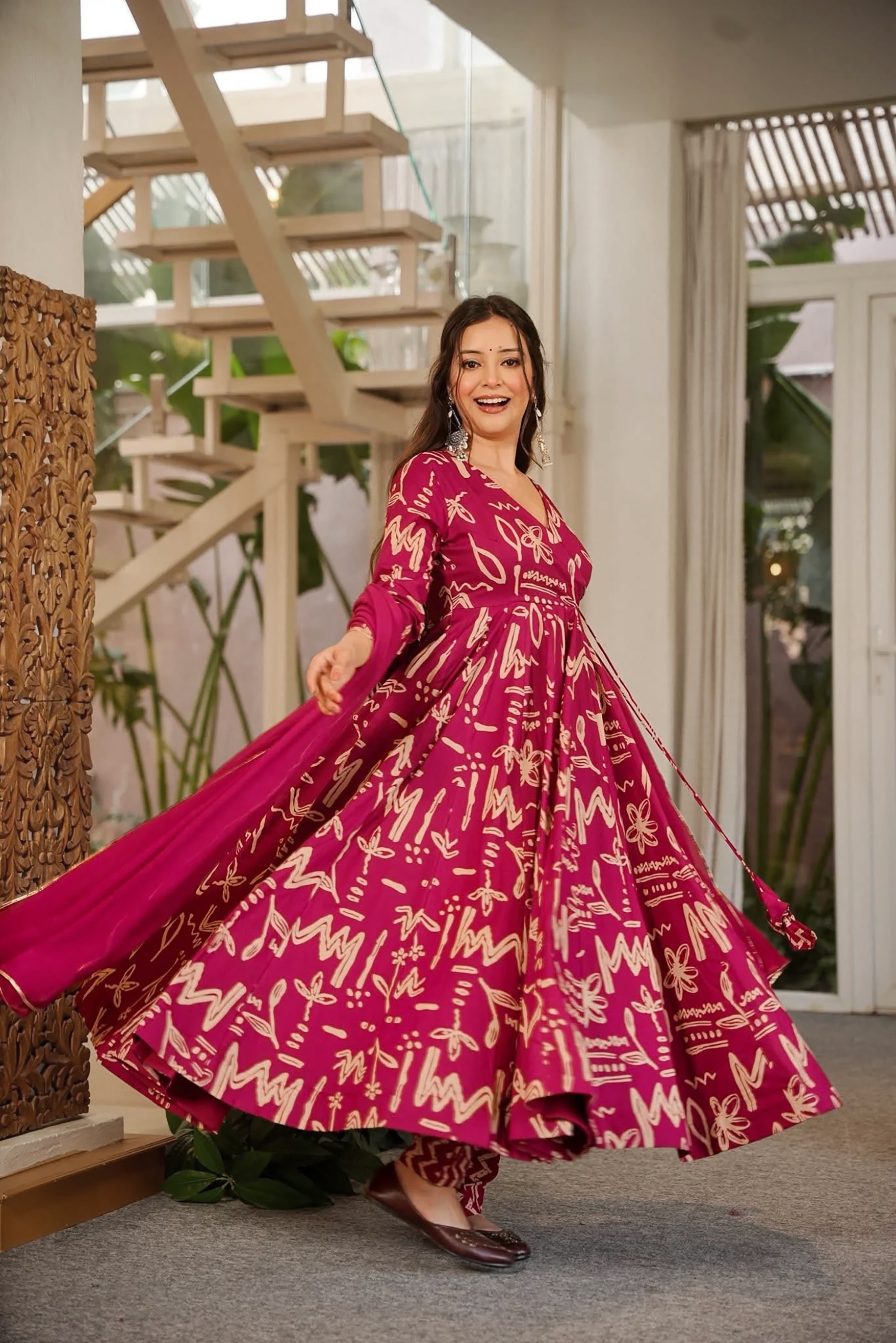 Pink Abstract Digital Print Muslin Anarkali Suit