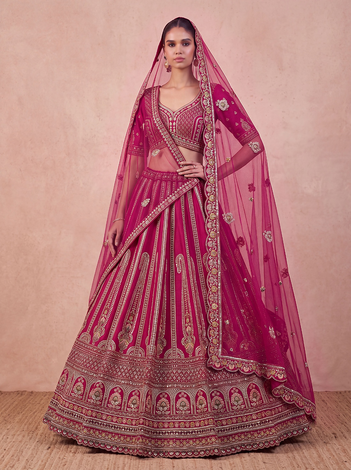 Pink Architectural Zari Sequins Silk Bridal Lehenga Choli