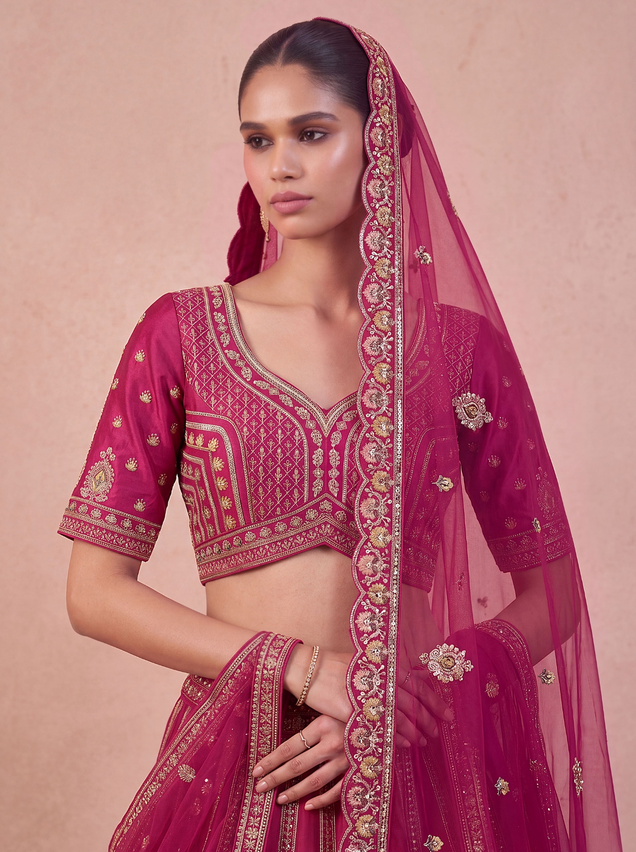 Pink Architectural Zari Sequins Silk Bridal Lehenga Choli