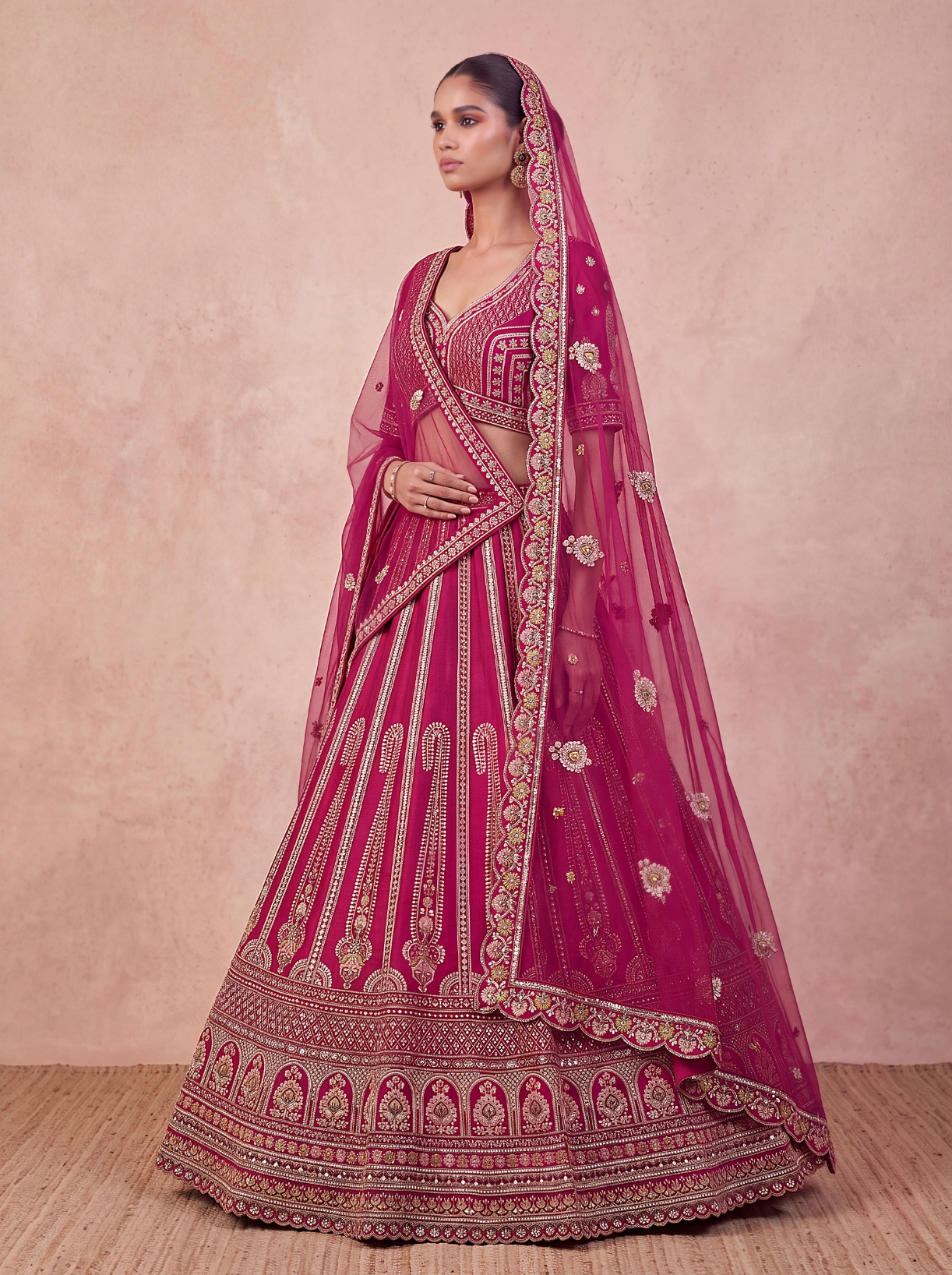 Pink Architectural Zari Sequins Silk Bridal Lehenga Choli