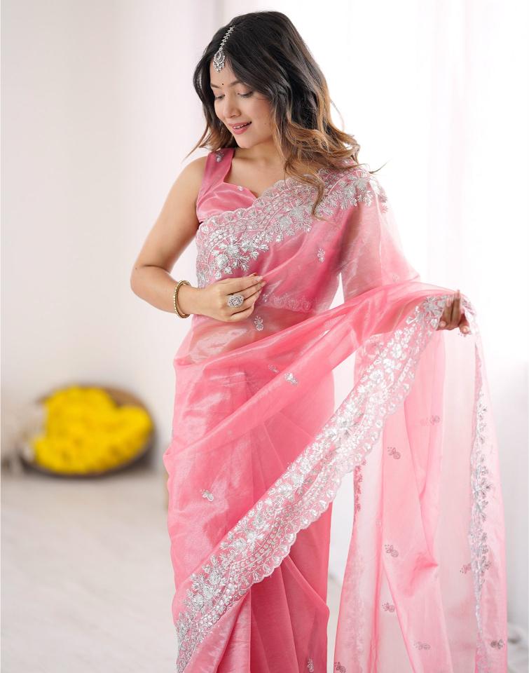 Pink Art Silk Designer Embroidery Work Saree
