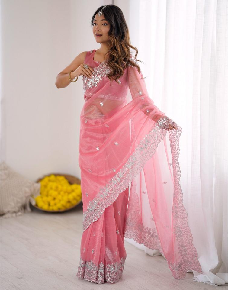 Pink Art Silk Designer Embroidery Work Saree