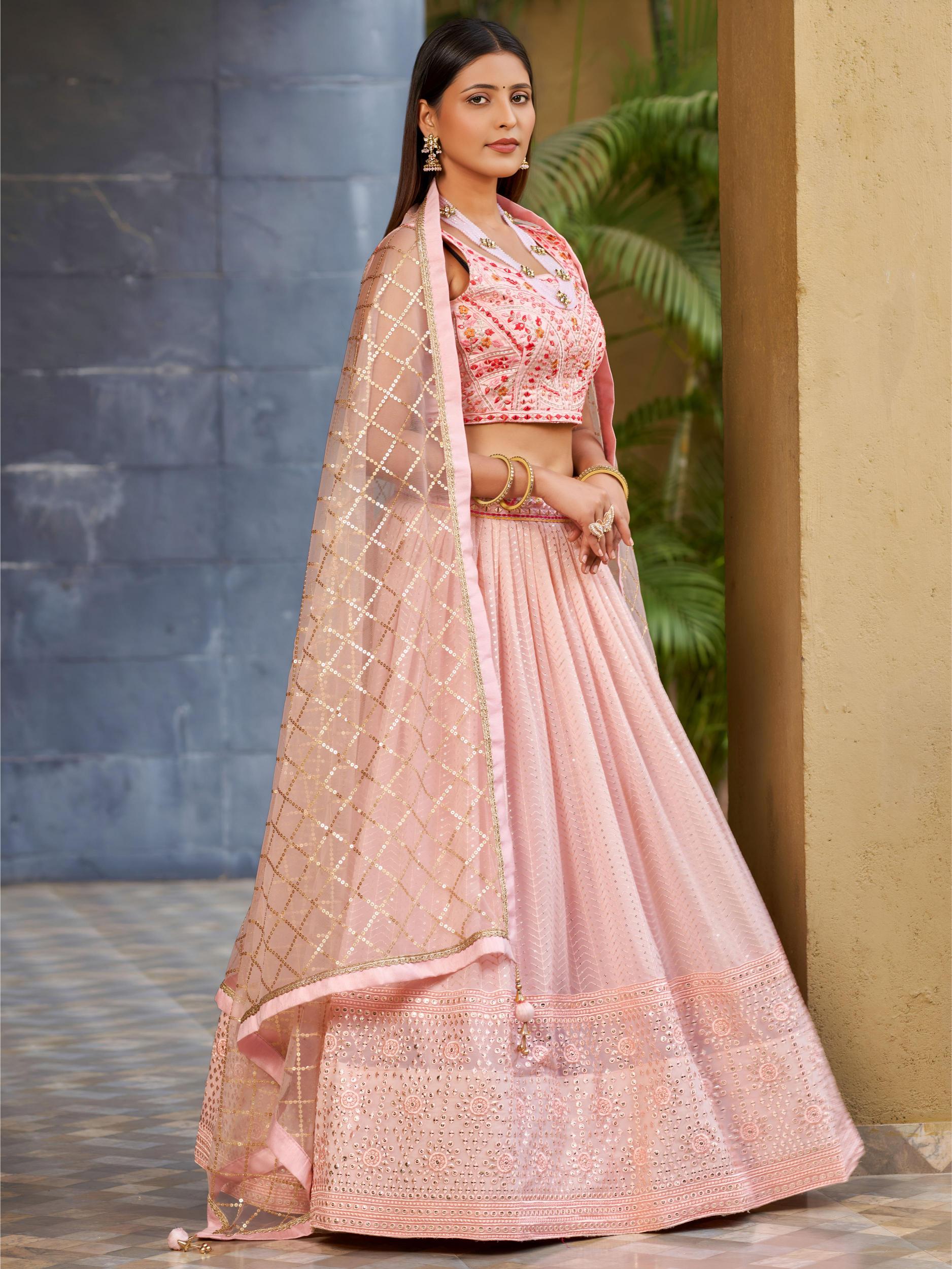 Pink Art Silk Sequins Embroidered Lehenga Choli