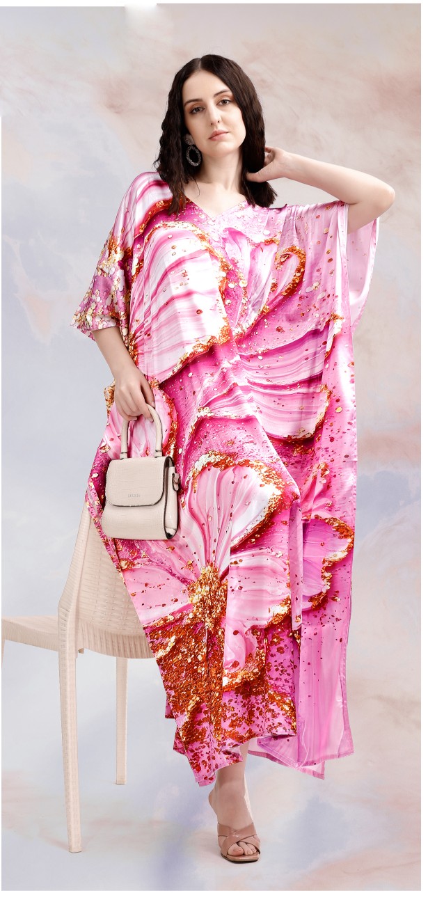Pink Aurora Digital Printed Poly Japan Satin Kaftan