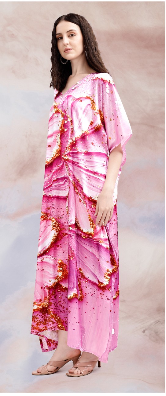 Pink Aurora Digital Printed Poly Japan Satin Kaftan